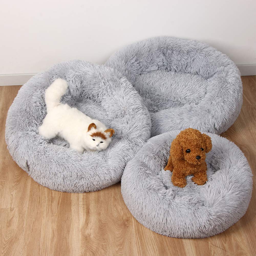 Otoez Round Plush Donut Pet Bed Warm Fur Cuddler Dog Cat Cushion Bed Calming Bed Non-Slip Bottom (15.7', Light Grey)