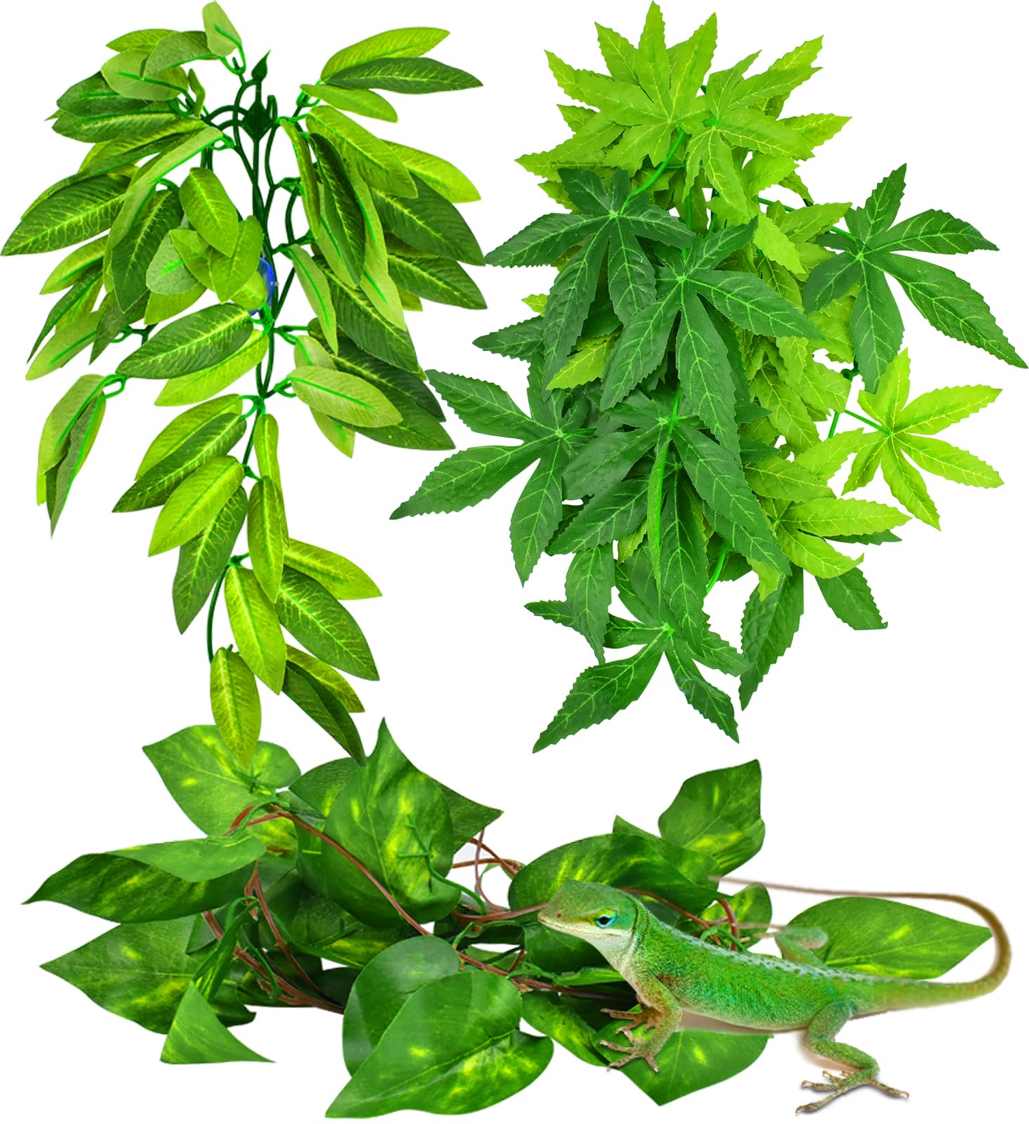 KATUMO Reptile Plants, 3PCS Amphibian Hanging Plants with Suction Cup for Lizards, Geckos, Bearded Dragons, Snake, Hermit Crab T