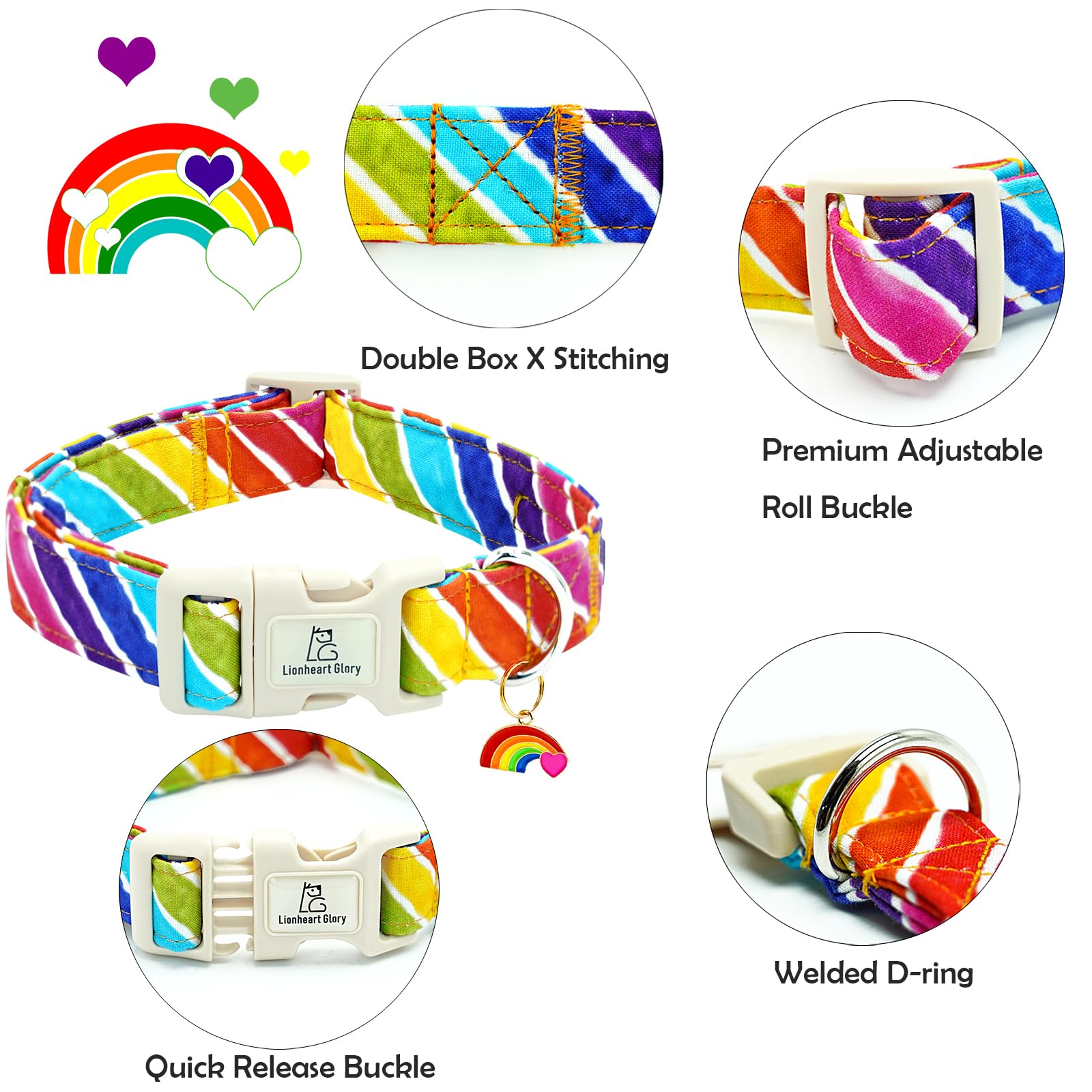 Lionheart Glory Rainbow Pattern Dog Collar-Colorful Dog Collars Heavy Duty Adjustable Pride Collars For Medium Dogs Pet Gift Sum