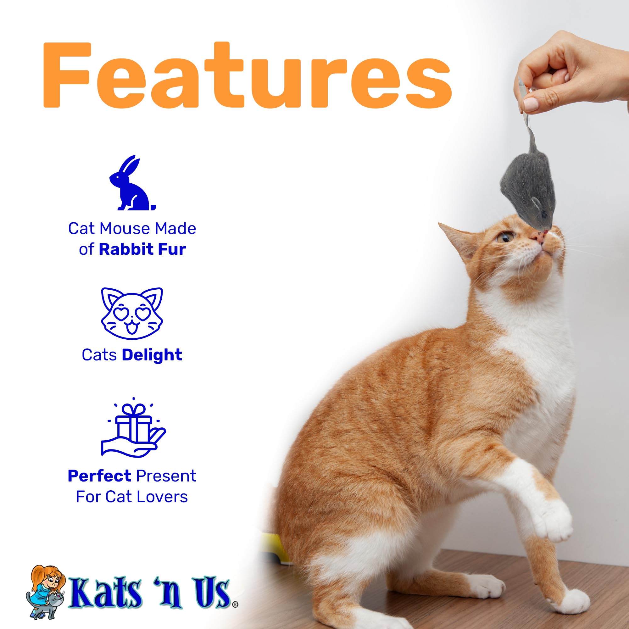 Kats'N Us Gray Rabbit Fur Mouse Cat Toy Pack - 5 Interactive Mice for Indoor Cats - No Rattle Sound - Furry Play Combo