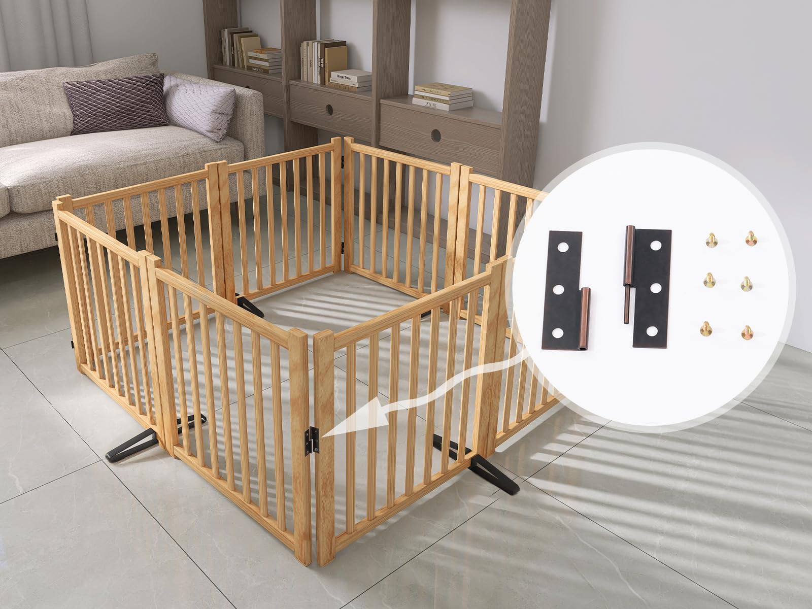 YOCAN Wooden Freestanding Dog Gate, Pet Gate for Indoor Use, Dog Fence for Doorways, Stairs & House, Step-Over Design, Easy to I