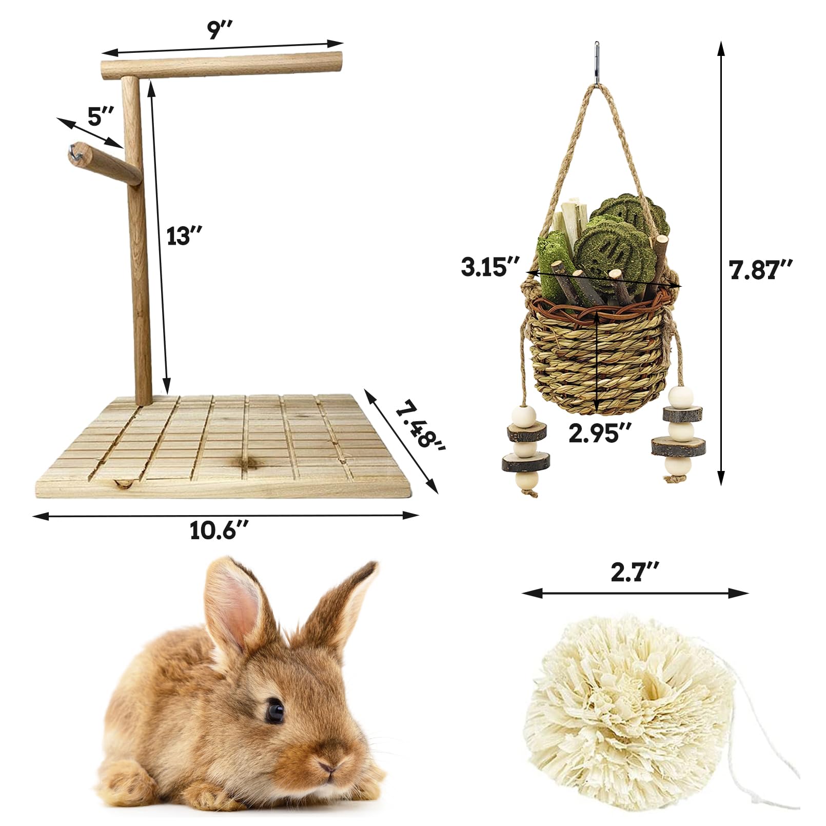 Kathson Bunny Chew Toys For Teeth Grinding, Rabbit Wooden Scratch Board Feet Pad Platform Natural Seagrass Hanging Basket Small