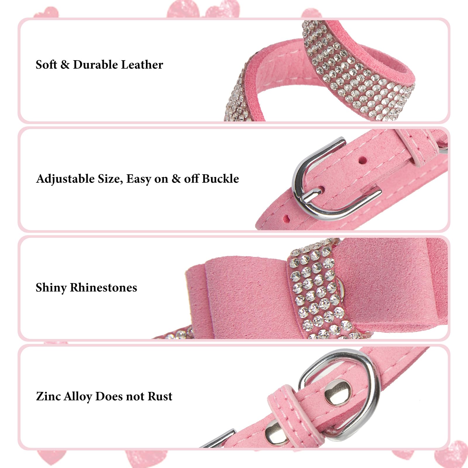 Pink Rhinestone Dog Collar Xs, 2-Pack Bling Cat Collar Soft Suede Glitter Diamond Jewelry Crystal Girl Puppy Collar With Bow For