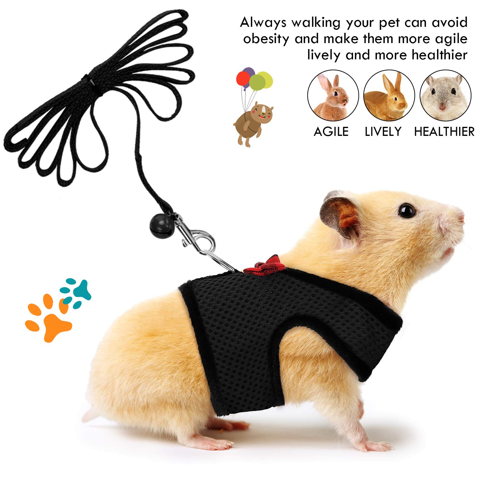 4 Pieces Guinea Pig Harness and Leash Soft Mesh Small Pet Harness with Bowknot Bell, No Pulling Comfort Padded Vest for Guinea P