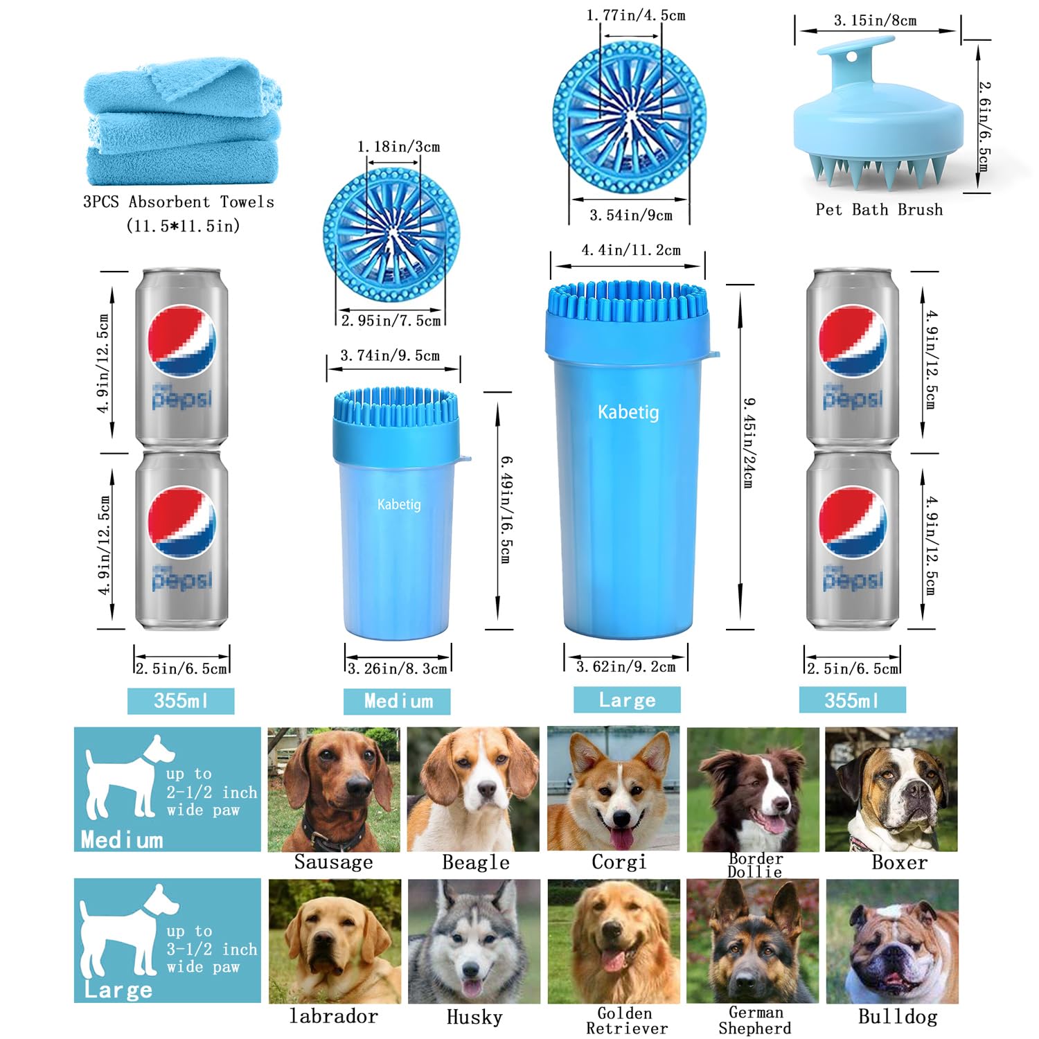 Kabetig Dog Paw Cleaner & Washer for Large/Extra Large Breeds - Muddy Paws Easy Cleaning Cup for Big Dogs - Includes 3 Absorbent