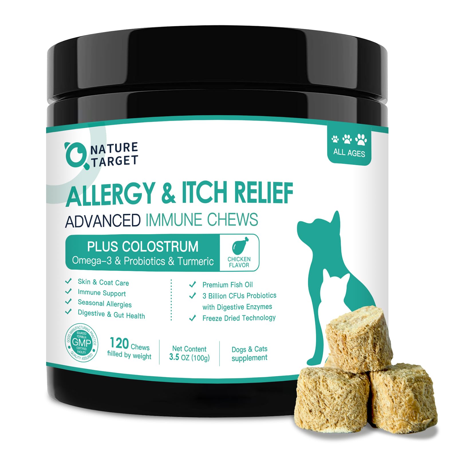 NATURE TARGET Dog Allergy Relief Freeze Dried Chews, with Probiotics, Colostrum for Immune Health, Anti Itch & Seasonal Allergie