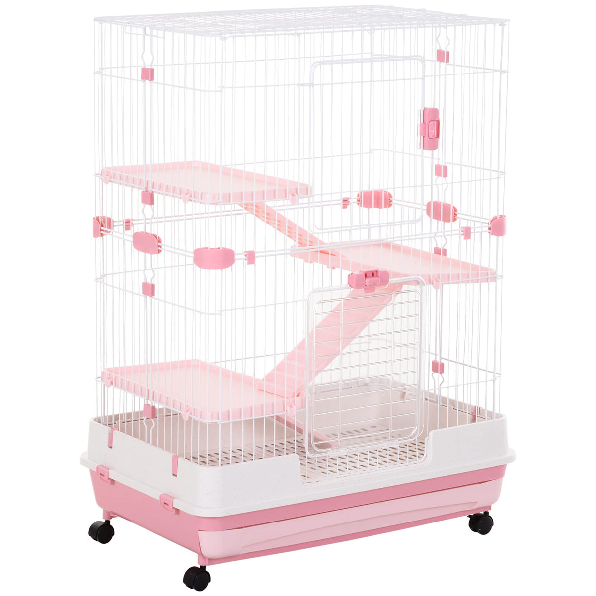 Pawhut 4-Level Small Animal Cage Rabbit Hutch With Wheels, Removable Tray, Platform And Ramp For Bunny, Chinchillas, Ferret, Pink