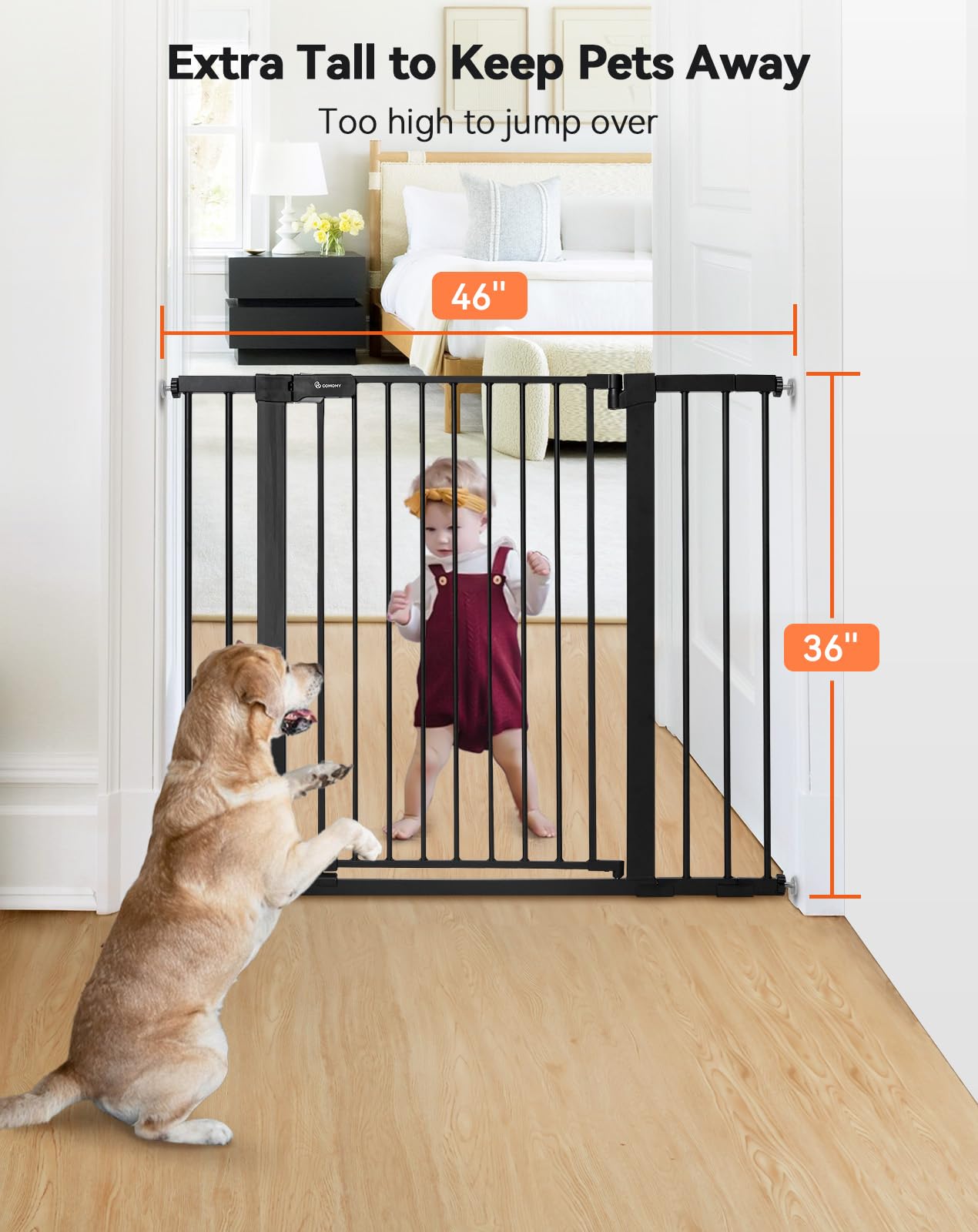 Comomy 36' Extra Tall Baby Gate For Stairs Doorways, Fits Openings 29.5' To 46' Wide, Auto Close Extra Wide Dog Gate For House, Pressure Mounted Easy Walk Through Pet Gate With Door, Black