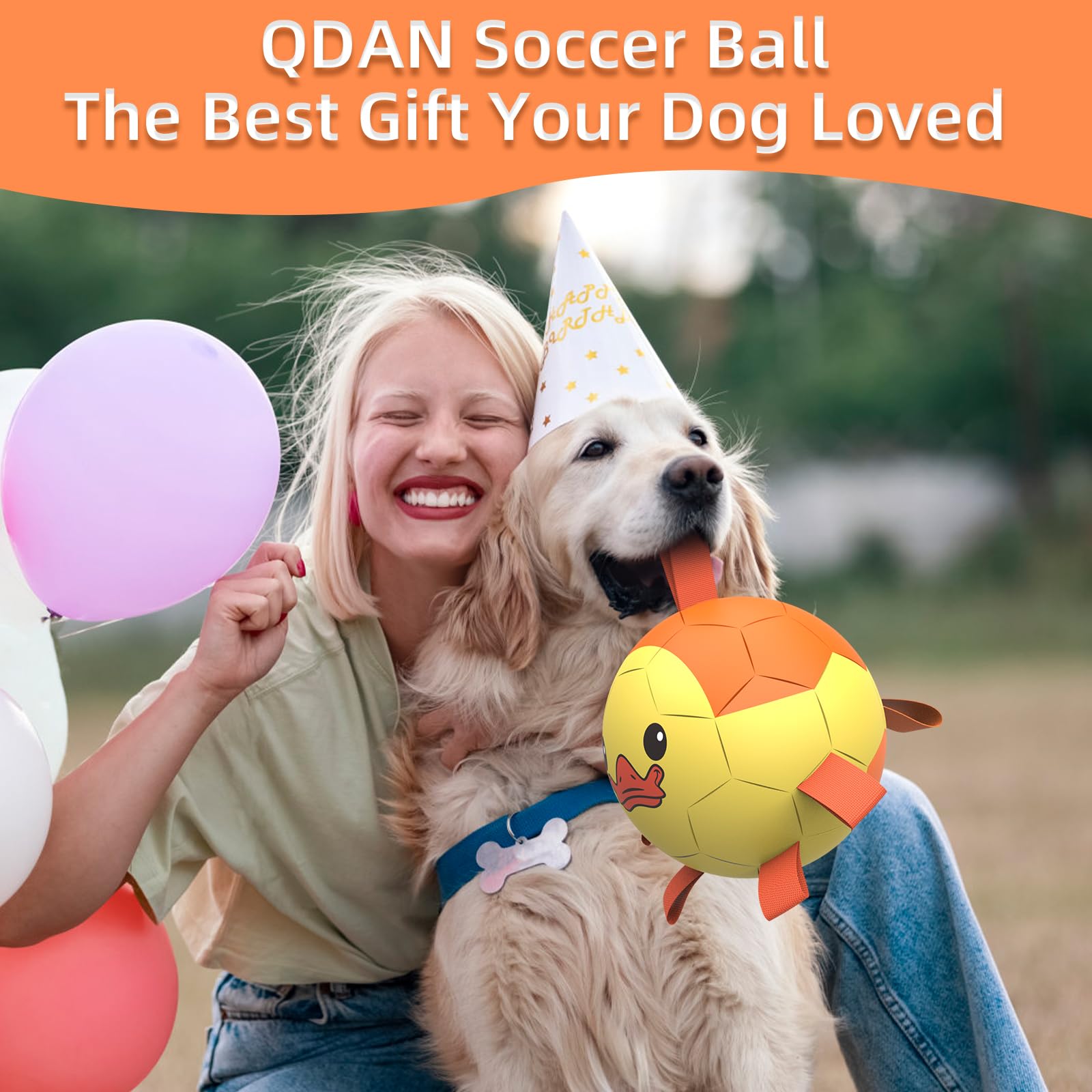 QDAN Dog Toys Soccer Ball - Durable Interactive Tug Toy for Medium & Large Dogs, Yellow-Duck, 8 Inch, Perfect for Water Play and Birthdays