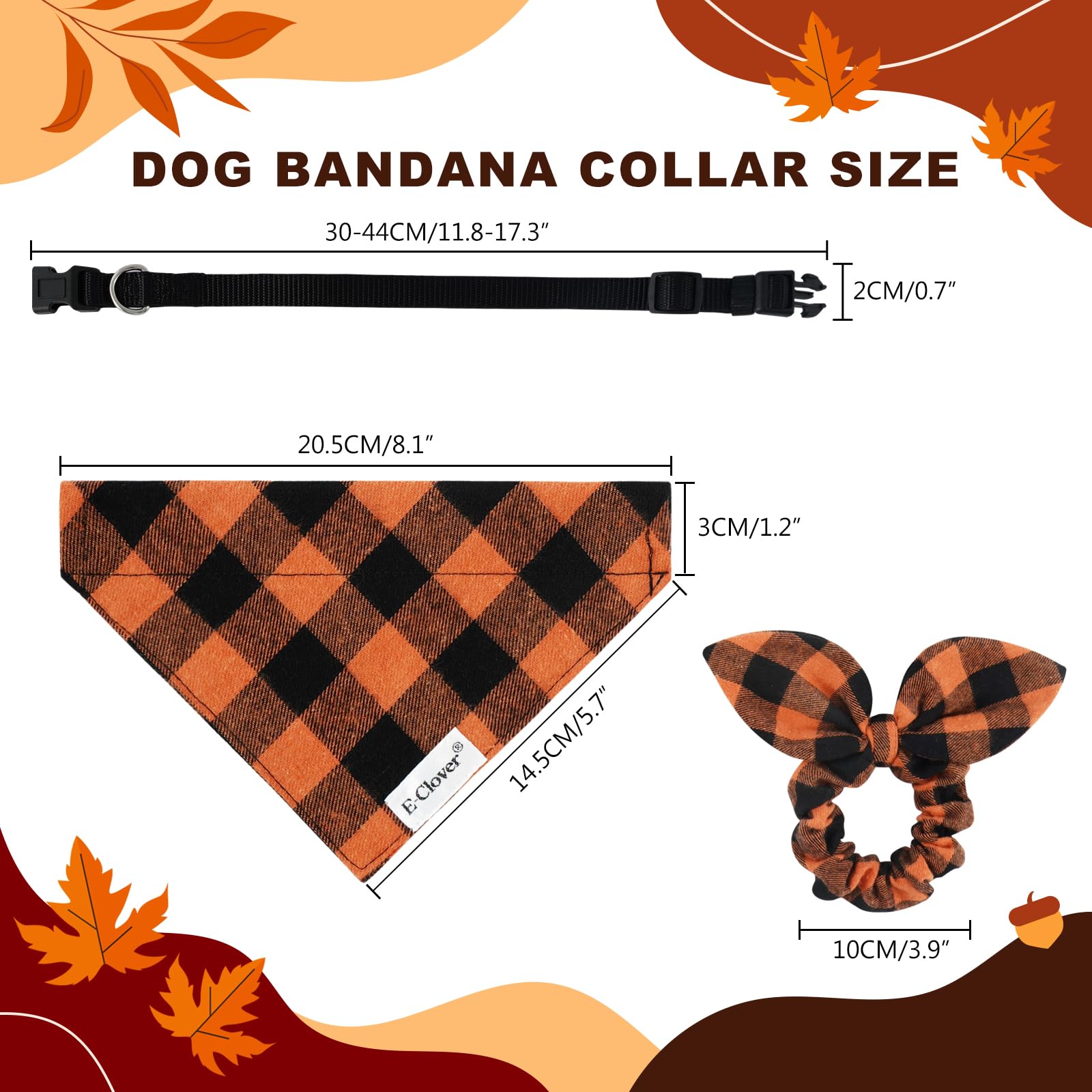 E-Clover Fall Dog Collar-Plaid Dog Collar Bandana & Matching Scrunchie Adjustable Dog Collars For Xs Small Dogs Puppy Owner Gift