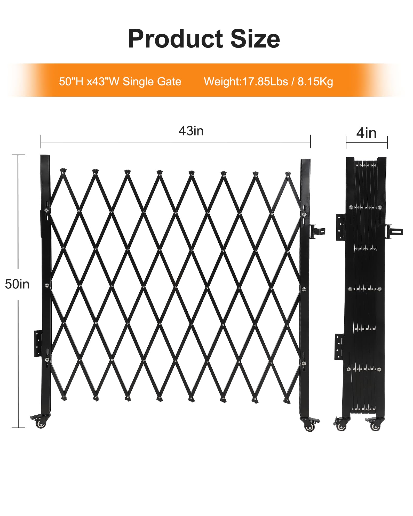 Single Foldable Security Gate 50 H x 75 W Aluminum Expandable Fence Portable Safety Barrier with Casters Retractable Driveway Ga