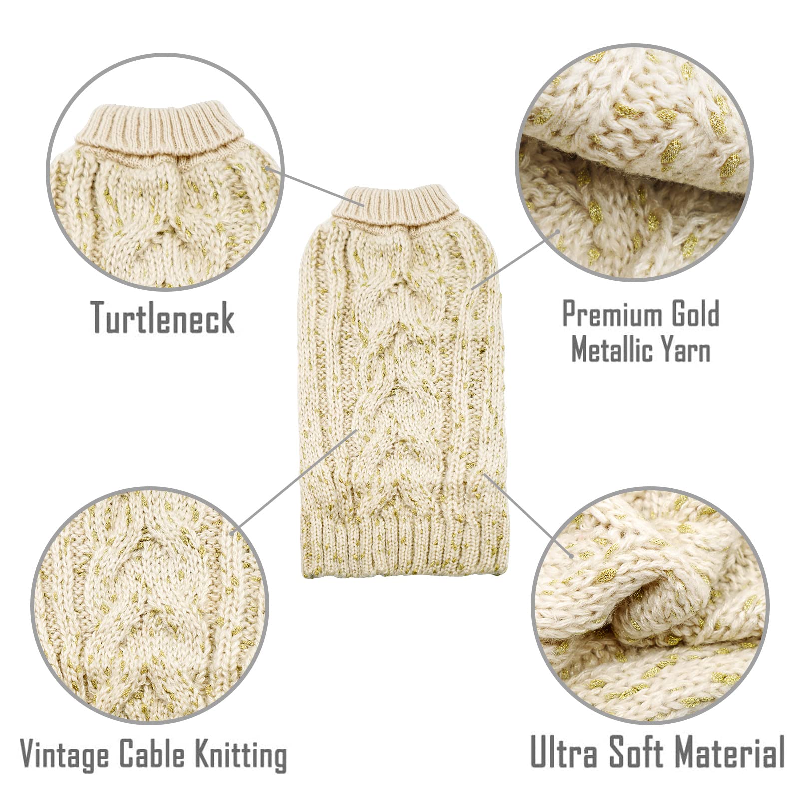 Kyeese Dog Sweaters Turtleneck Beige Small Dog Sweater Knitwear Pullover Warm Pet Sweater With Golden Yarn Decors