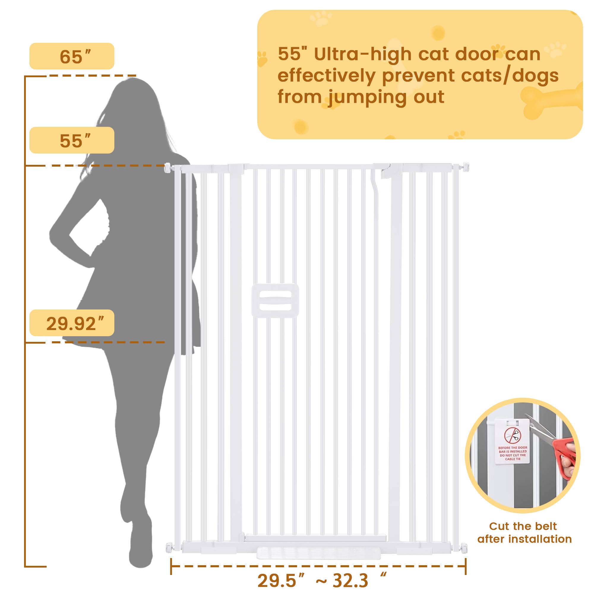 Oneblis 55' Extra Tall Cat Gate For Doorway, 29.5' -32.3' Adjustable Width Auto Close Pet Gate, No Drilling Pressure Mount Kit, High Cat Gates For Indoor No Climb, Suitable For Hallway Kitchen (White)