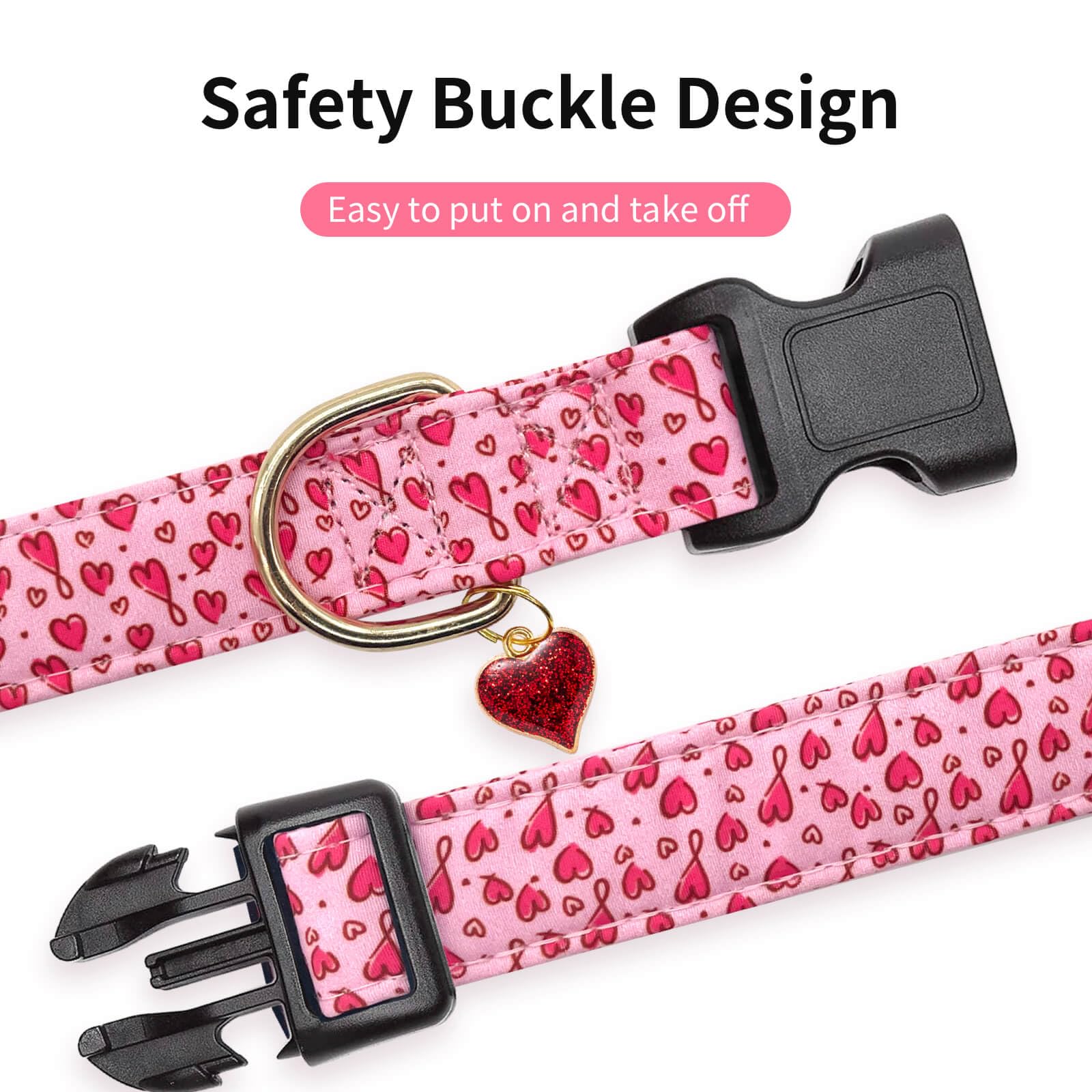 Gelwoo Cotton Dog Collar,Valentine's Day Soft and Cute Puppy Collars with Hearts Design for Girl Female Boy Dogs,Adjustable Buck