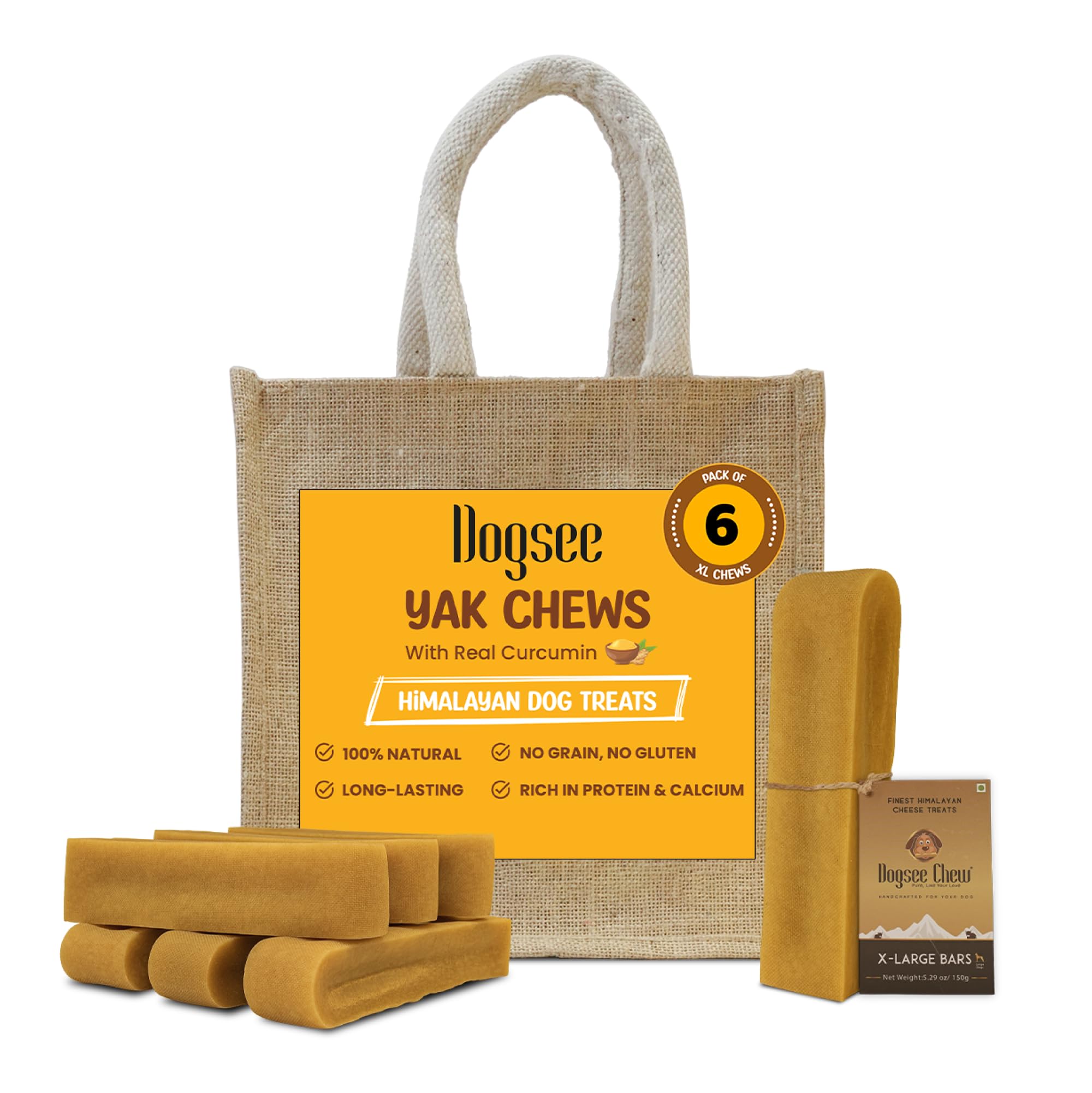 Dogsee Himalayan Yak Chews with Turmeric/Curcumin (XL - 6 Bars, 2lb) | Natural & Long-Lasting | Yak Chews for Large Dogs | Anti-