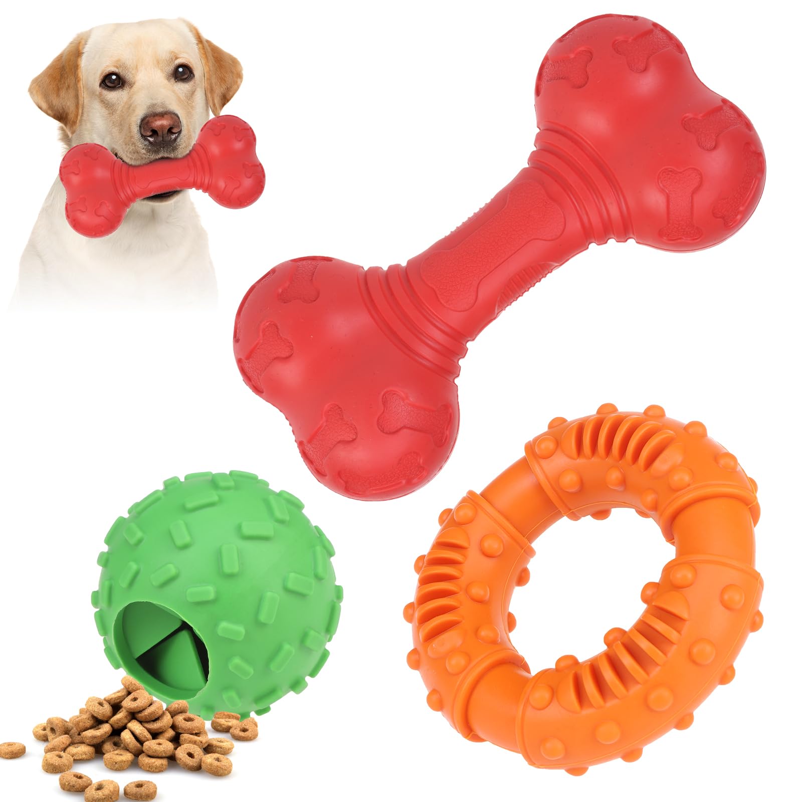 Kooltail Dog Chew Toys For Aggressive Chewers, 3 Pack Durable Tough Bone For Teeth Cleaning, Non-Toxic Rubber Indestructible Dog