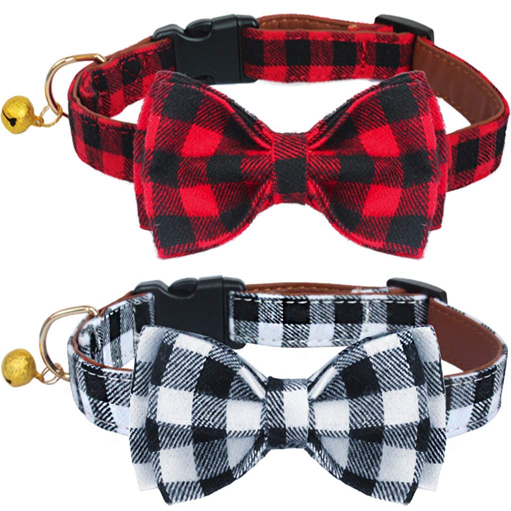 Kudes Plaid Dog Collar With Bow, 2 Pack/Set Adjustable Dog Bow Tie Collars With Bell, Best Pet Gift For Small Medium Large Girl And Boy Dogs, Red & Black