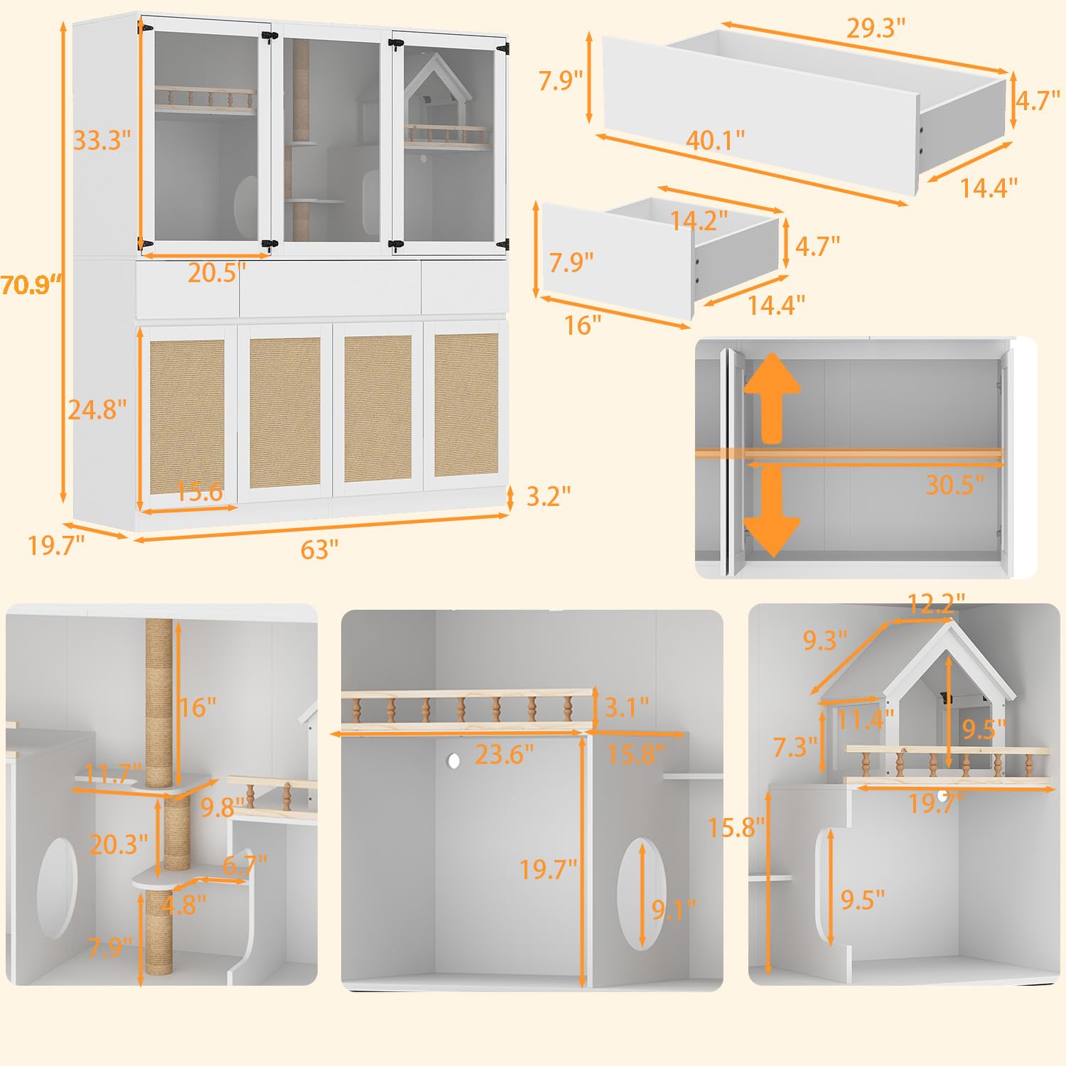 Dawnspaces Large Cat Litter Box Enclosure Furniture Hidden With Scratch Post,Stairs, Cat Condo House For 2 Cats, Cat Cabinet Wit