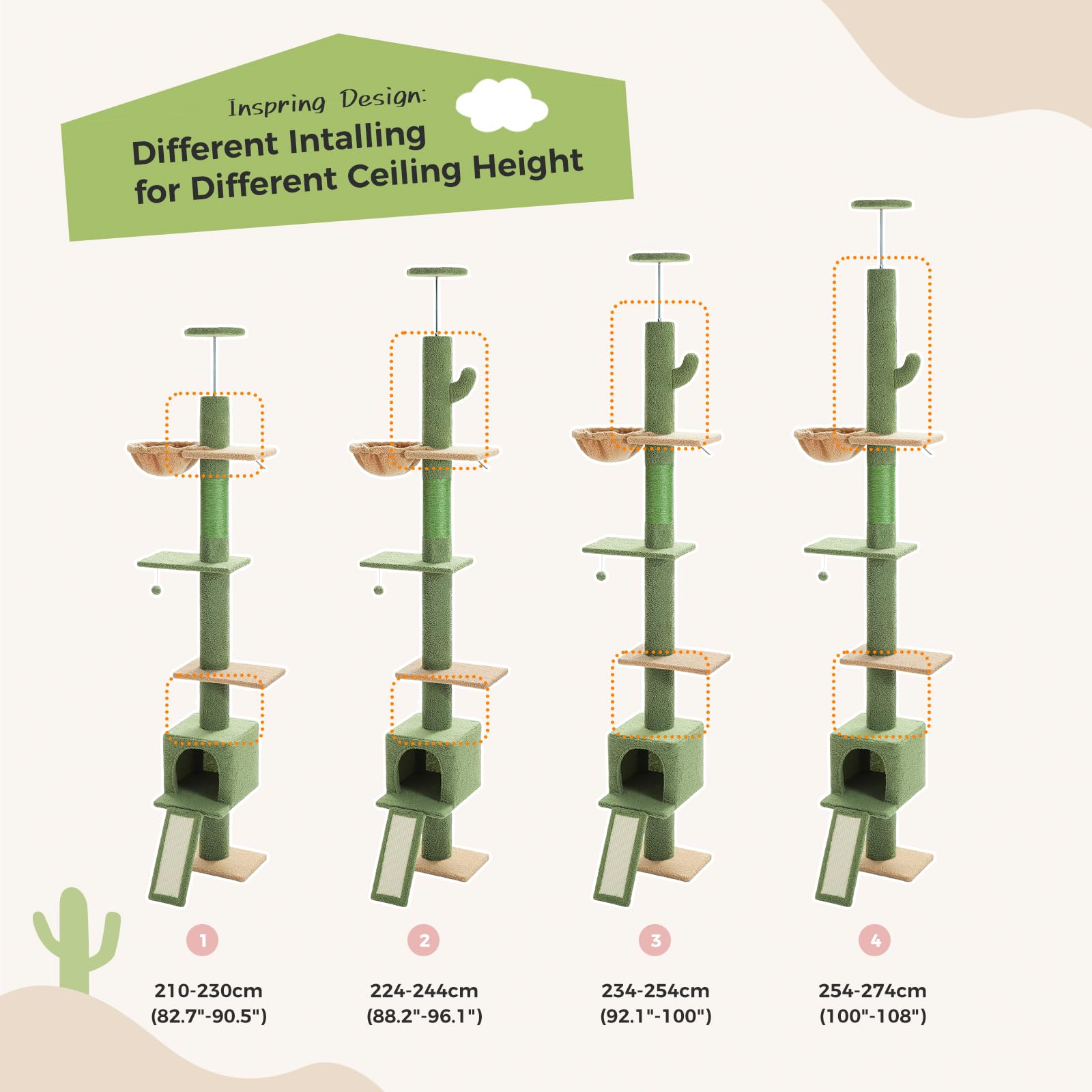 Pequlti Cat Tree Floor To Ceiling,Cactus Tall Cat Tower, Adjustable Height (83''-108'') 5 Tiers Climbing Tree For Indoor Cats Wi