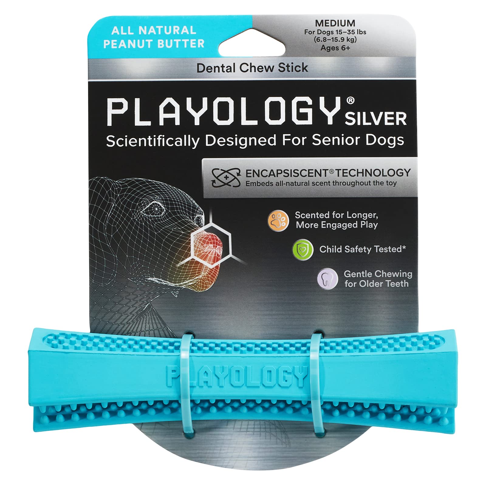 Playology Silver Dental Chew Stick Dog Toy, Medium - Designed for Senior Dogs (15-35lbs) - Engaging All-Natural Peanut Butter Sc