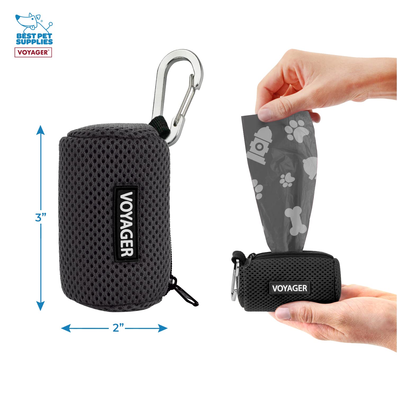 Best Pet Supplies Dog Poop Bag Holder Leash Attachment With 15 Bags, Black, Reusable Mesh Dispenser Pouch For Travel, Walking, P