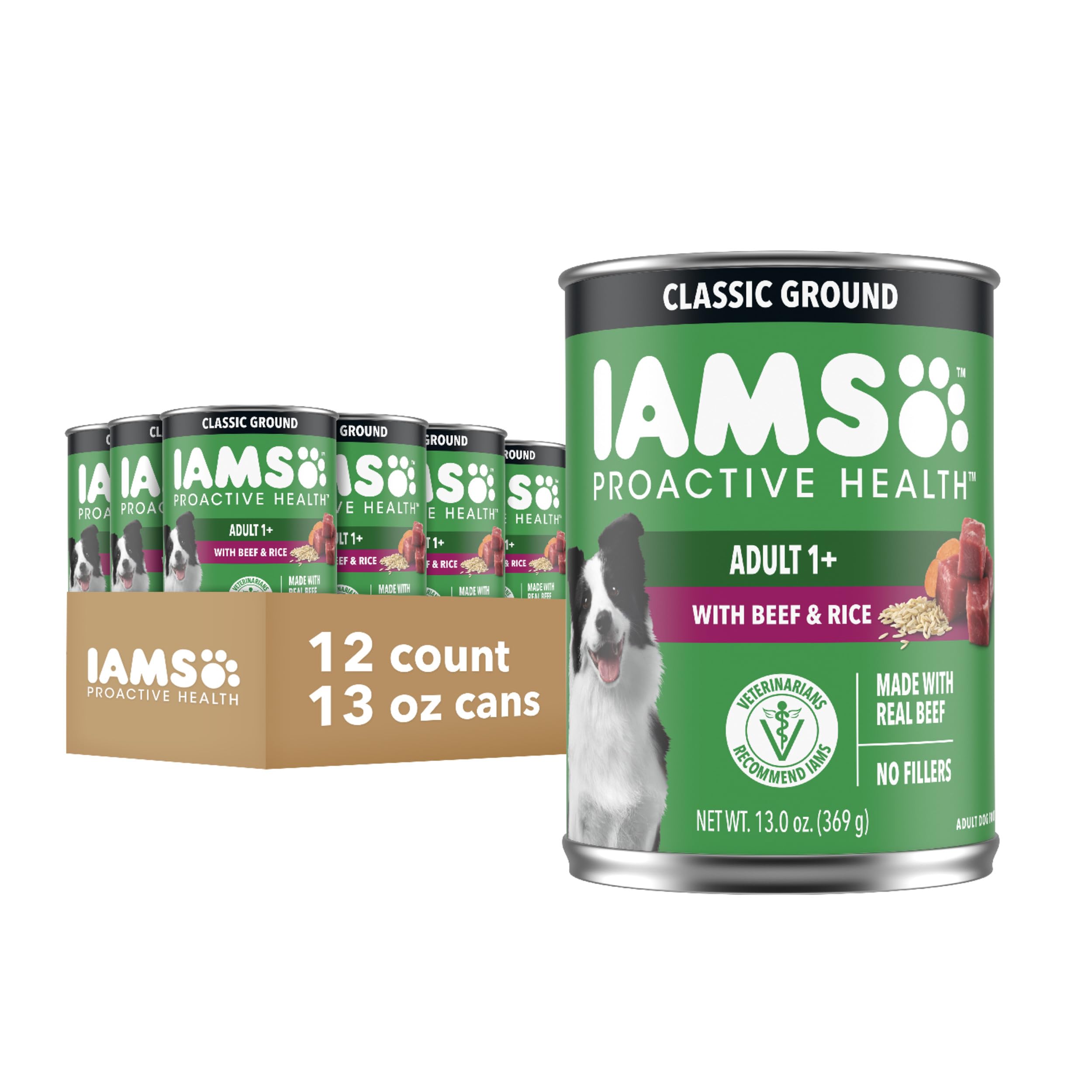 IAMS Proactive Health Adult Wet Dog Food Classic Ground with Beef and Rice, 13 oz. Cans, Pack of 12