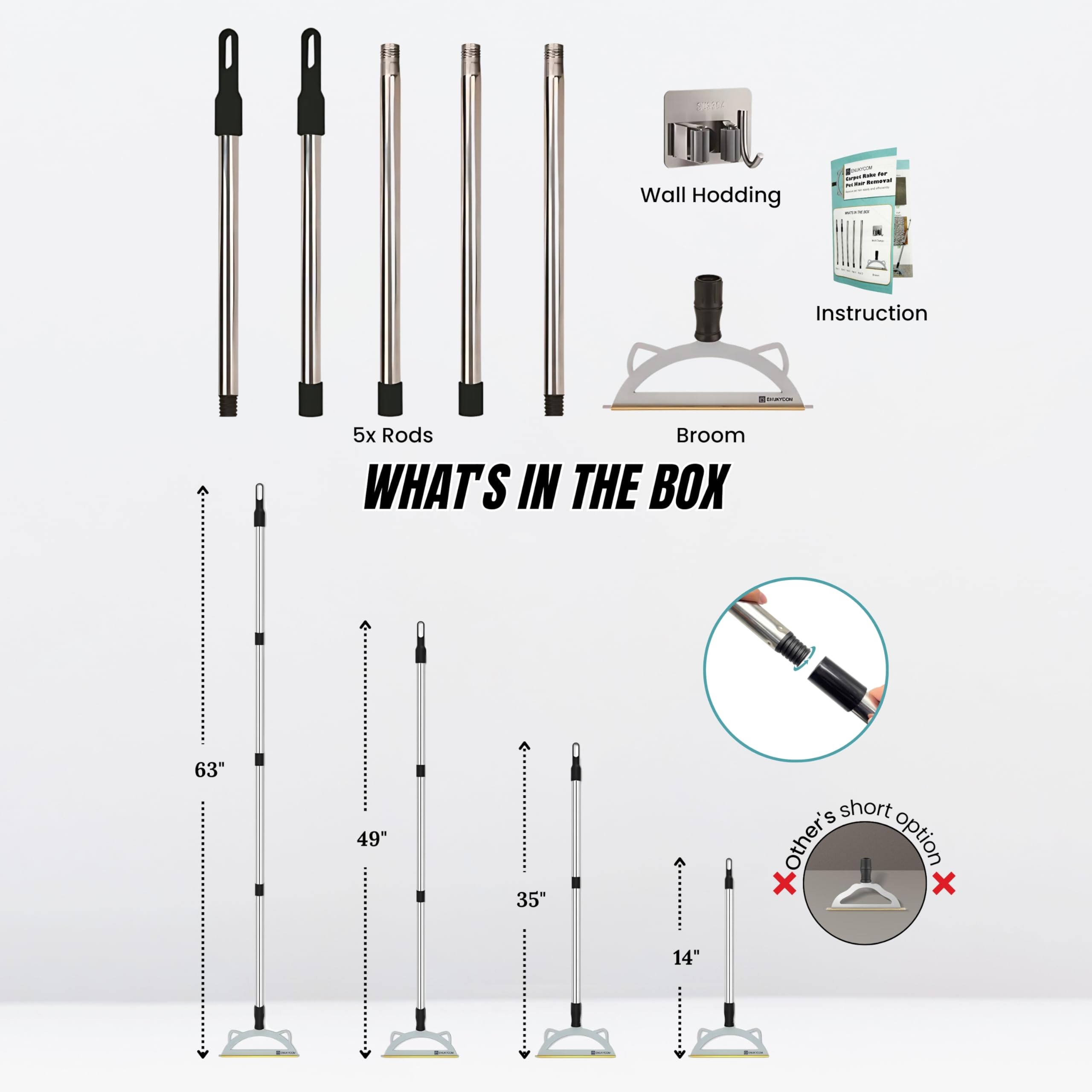 Pet Hair Remover Broom For Low Pile Carpet, Rugs, Stairs - 60'' Adjustable Long Handle Carpet Rake For Pet Hair Removal - Includ