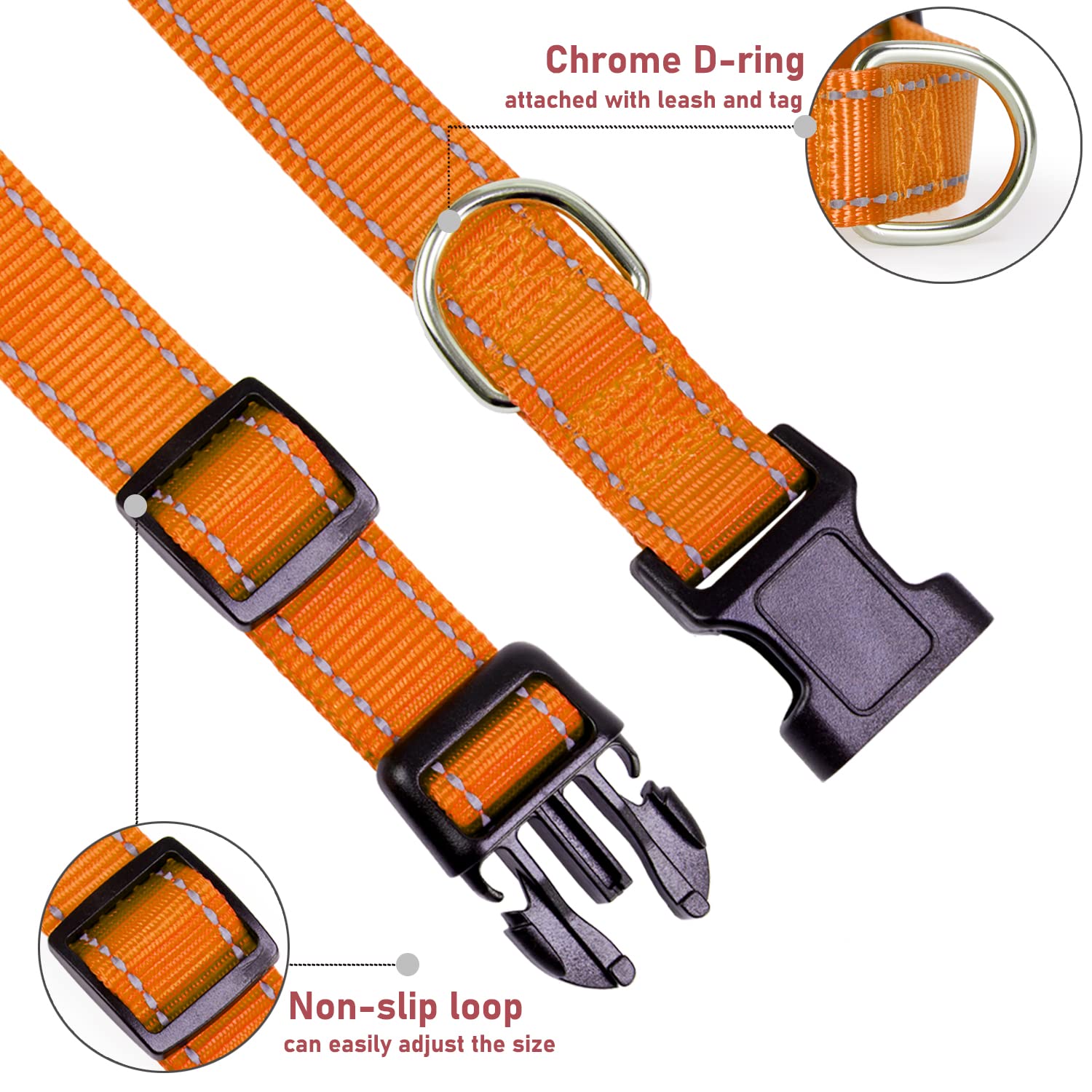 Reflective Dog Collar With Buckle Adjustable Safety Nylon Collars For Small Medium Large Dogs, Orange Xxs