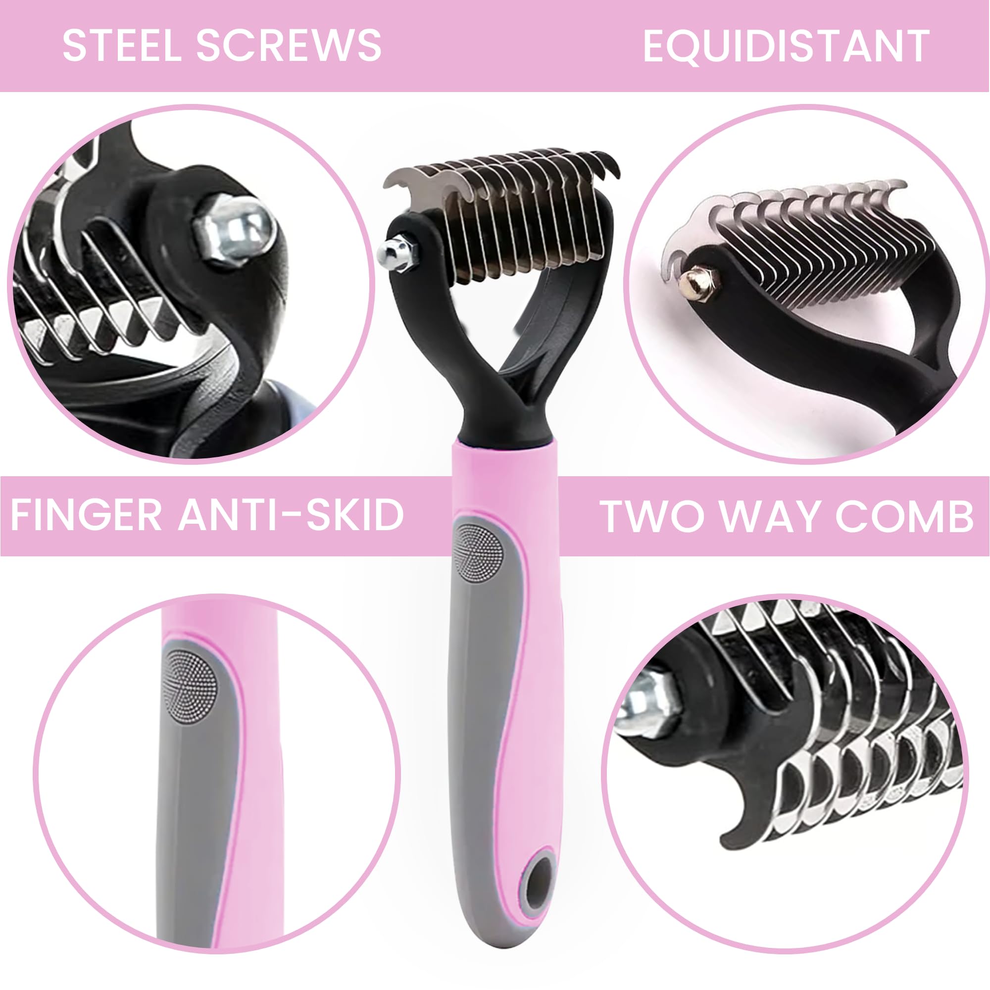 Kwest Essentials Pet Grooming Brush - Shedding Comb & Dematting Tool For Dogs & Cats, Extra Wide Undercoat Rake, Pink