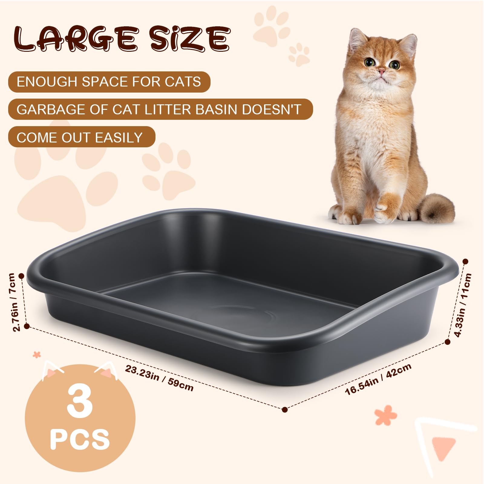 Uiifan 3 Pcs Low Entry Senior Cat Litter Box Large Size Pet Low Entry Open Top Litter Box For Senior Kitten Frail Handicap Disabled Older Elderly Cats, Easy To Clean(Dark Gray)