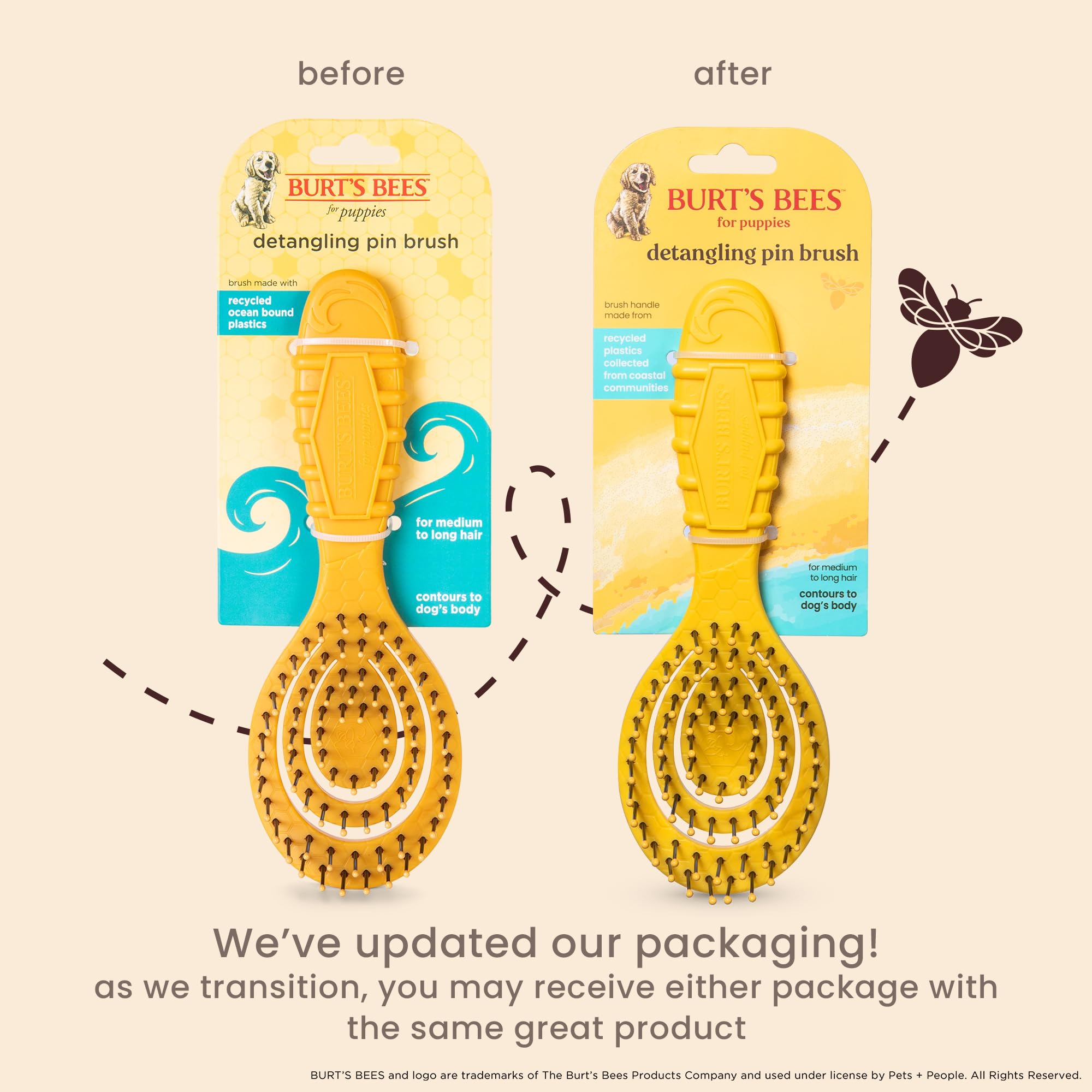 Burt's Bees for Pets Detangling Pin Brush for Puppies and Small Dogs | Handle Made from Recycled Plastics Collected from Coastal