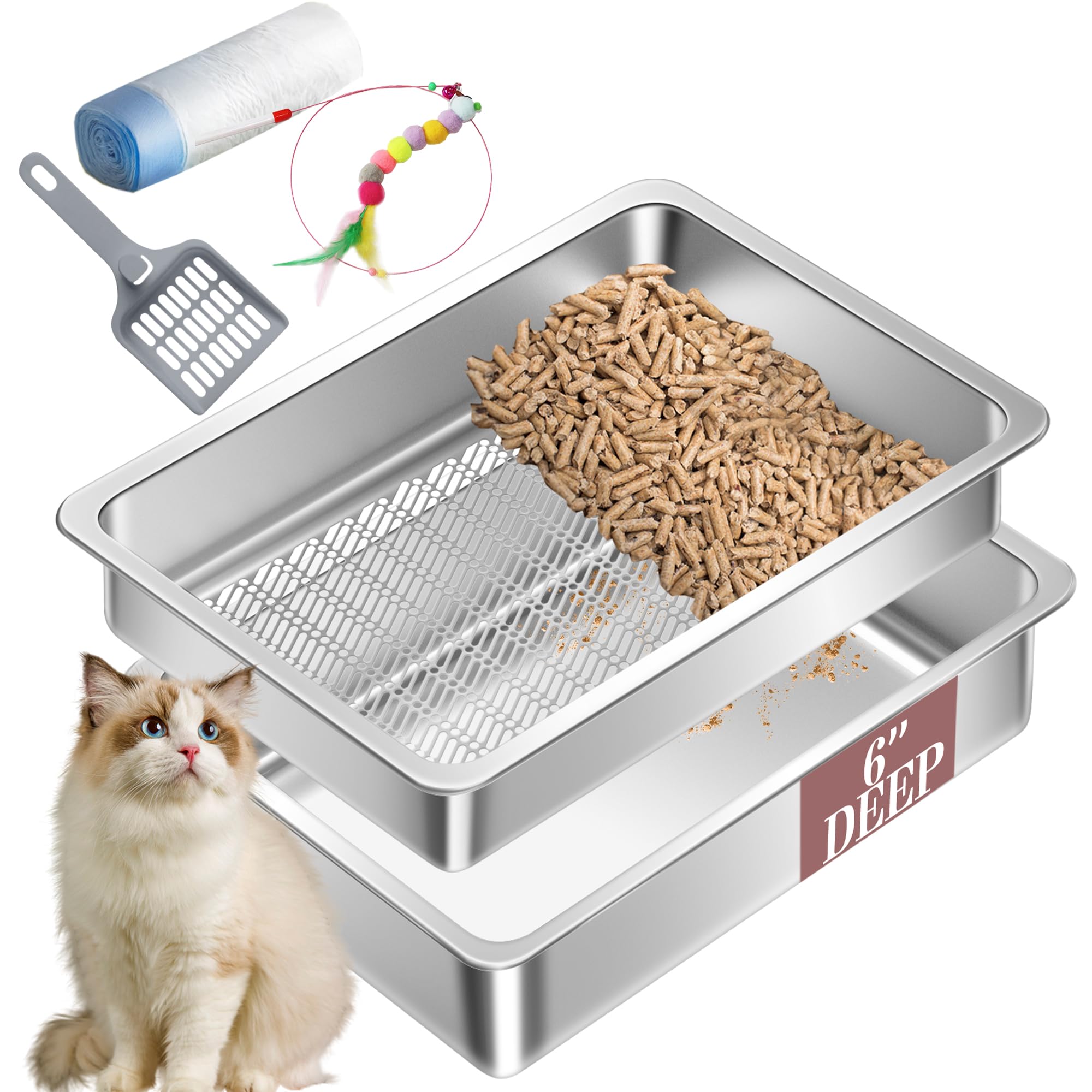 Stainless Steel Sifting Cat Litter Box For Pine Pellets, Xl Extra Large Metal Cat Litter Box Sifter Pan With Litter Scoop, Low D