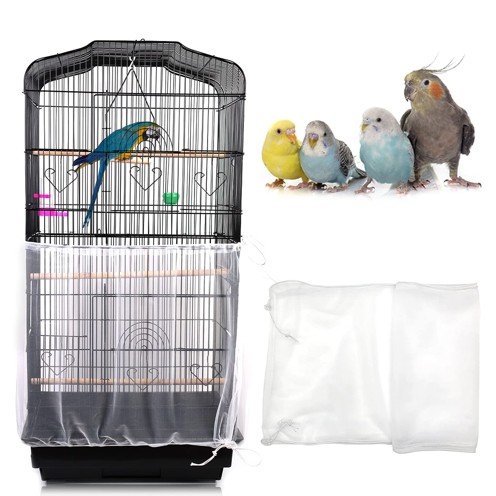 Daoeny Universal Bird Cage Cover, Adjustable Parrot Nylon Airy Soft Mesh Net, Seed Feather Catcher, Birdcage Cover Skirt Sheer Guard For Parakeet Macaw Round Square Cages (White)