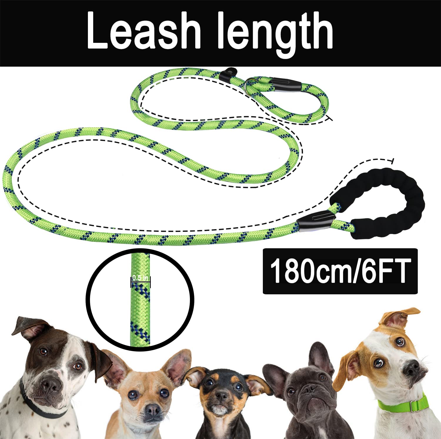 6 Ft Dog Leash, Heavy Duty Rope Dog Leashes, Strong Training Dogs Leash With Comfortable Padded Handle And Highly Reflective Thr
