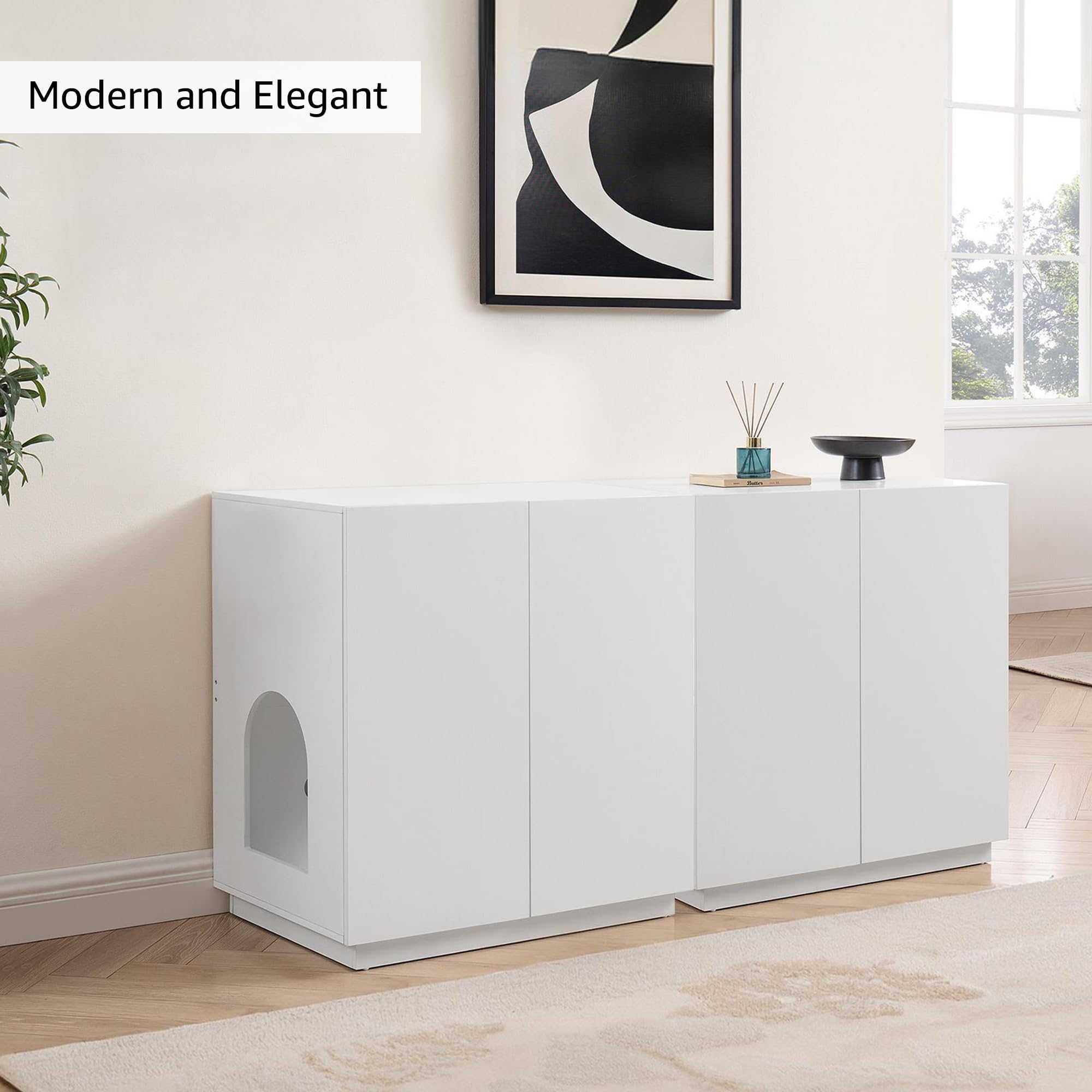 Unipaws Tall Cat Litter Box Enclosure With Shelves, Hidden Litter Box Cover For Tall Or Top Entry Litter Box, Kitty Enclosed Lit