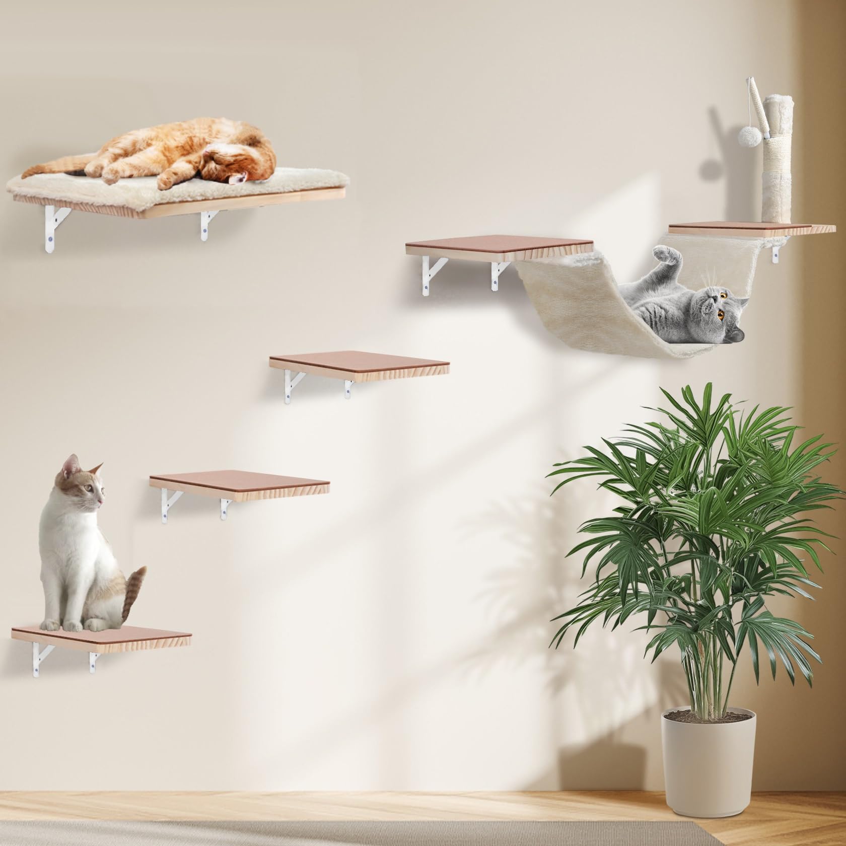 Cat Wall Shelves, Solid Wood Cat Wall Furniture Set, with Cats Bed, Hammock, Felt Ladder, Sisal Scratching Post & Ball (Beige)