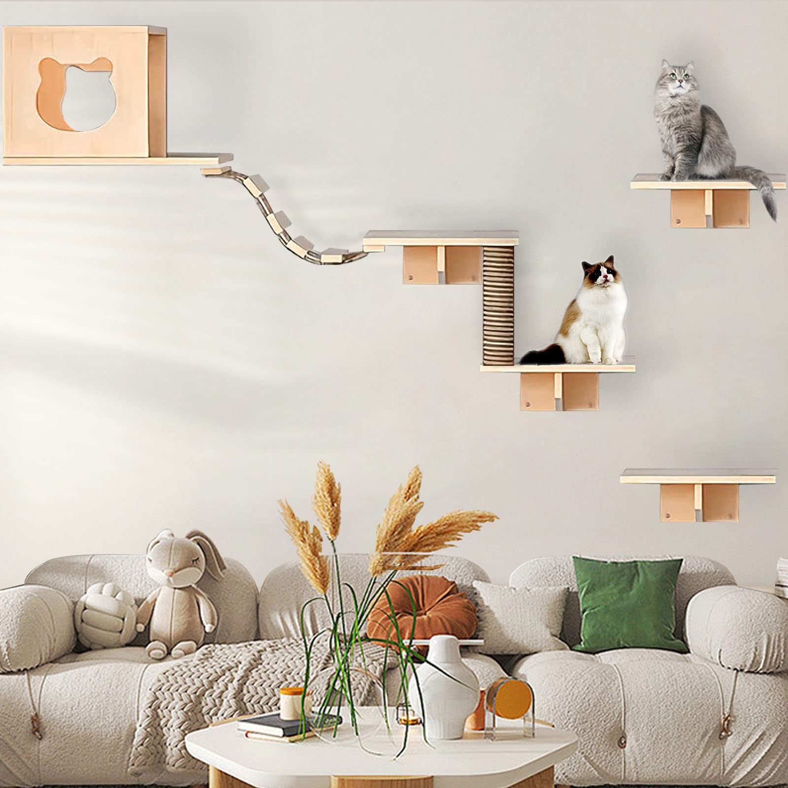 Cat Wall Shelves, Shelves And Perches For Wall, Furniture Set 7 Pcs Mounted With 1 Condos House, 4 Sisal Scratching Post, Ladder