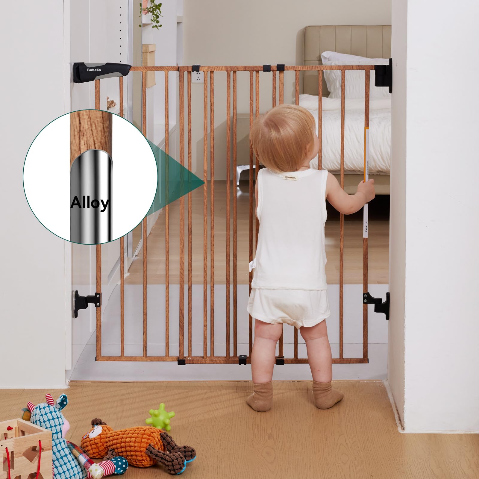 Babelio 26-43' No Bottom Bar Baby Gate For Babies, Elders And Pets, 2-In-1 Hardware Mount Dog Gate For The House, Stairs And Doorways, With Large Walk Thru Door, Brown Wood Pattern