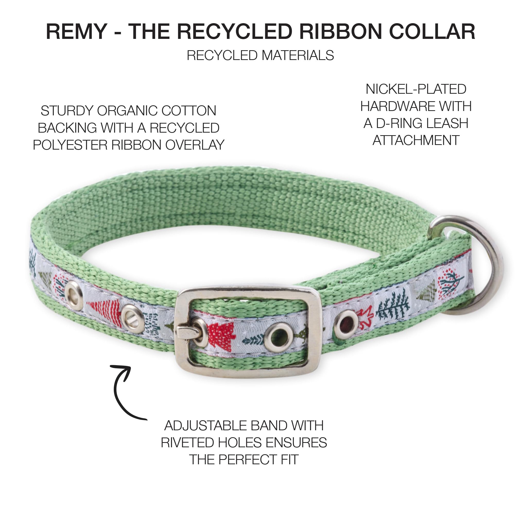 Pet Passion Adjustable Recycled Ribbon Dog Collar For All Pet Breeds, Piney Holiday, Medium