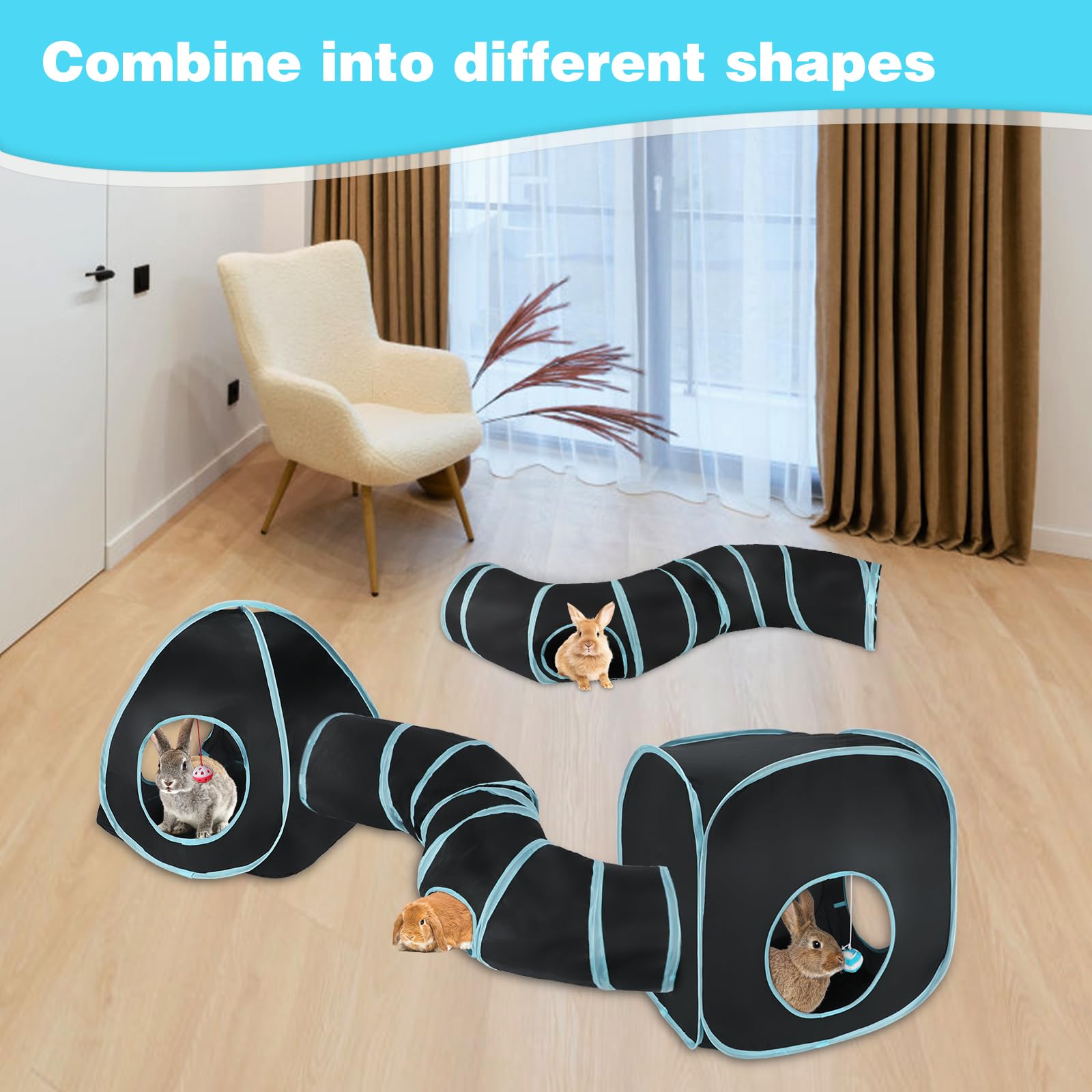 YUEPET Large Rabbit Tunnel and Cube - Collapsible Interactive Crinkle Toy for Dwarf Bunny & Guinea Pig, Black Blue