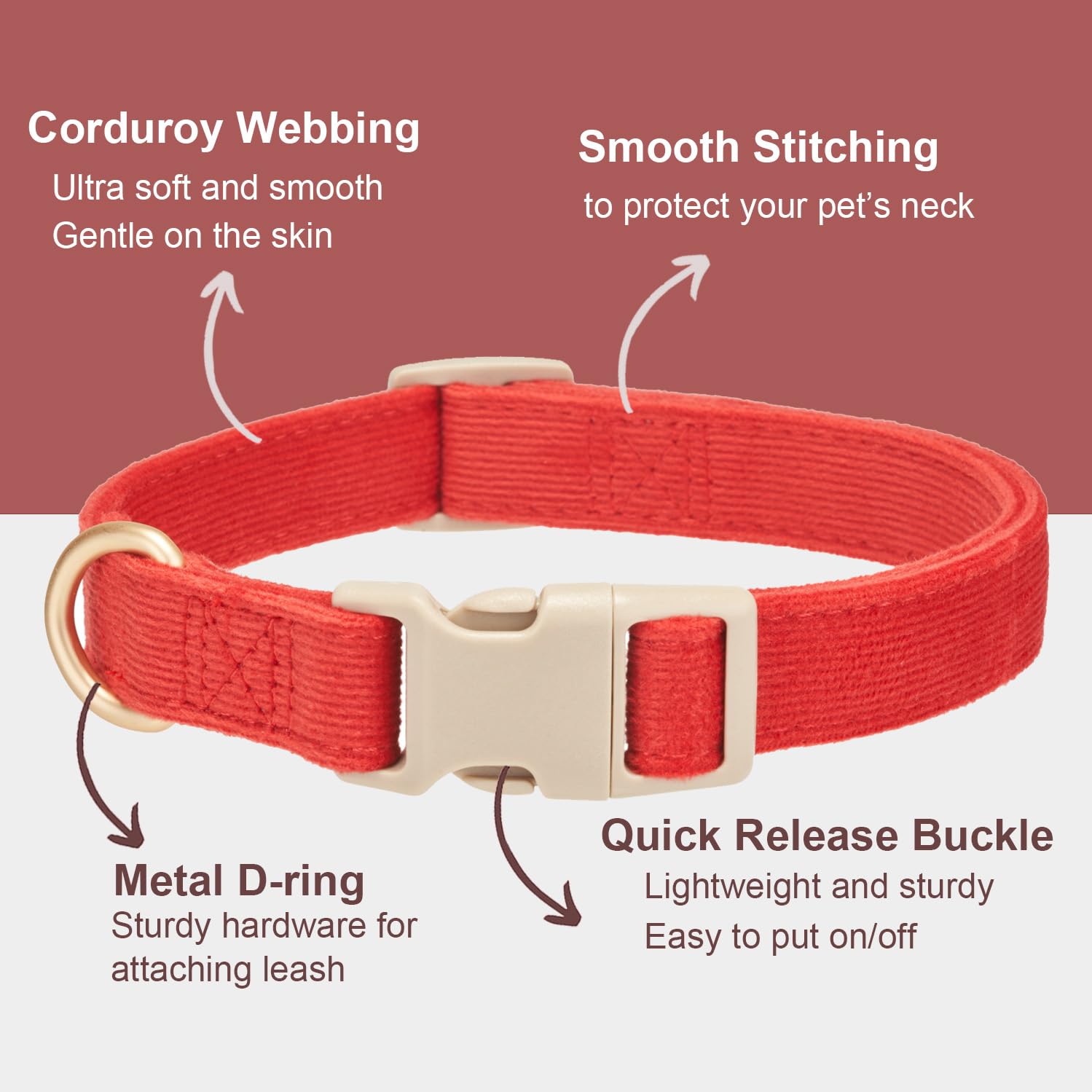 Yudote Soft Cotton Dog Collar Adjustable Corduroy Dog Collars For Small Medium Large Dogs(Red,Large)