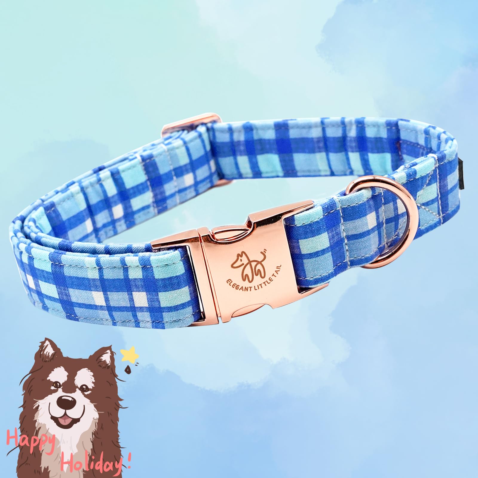 Elegant Little Tail Blue Plaid Pattern Xl Dog Collar, Unique Seasonal Design, Adult Large Dogs