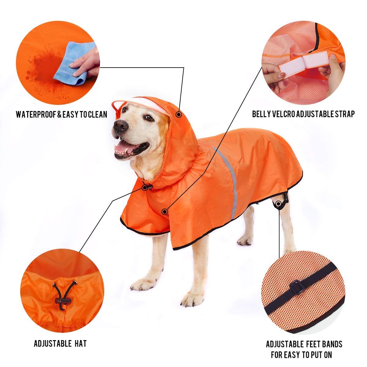 Dog Raincoat With Adjustable Belly Strap And Leash Hole - Hoodie With Reflective Strip - Waterproof Slicker Lightweight Breathable Rain Poncho Jacket For Medium Large Dogs - Easy To Wear, Orange 5Xl