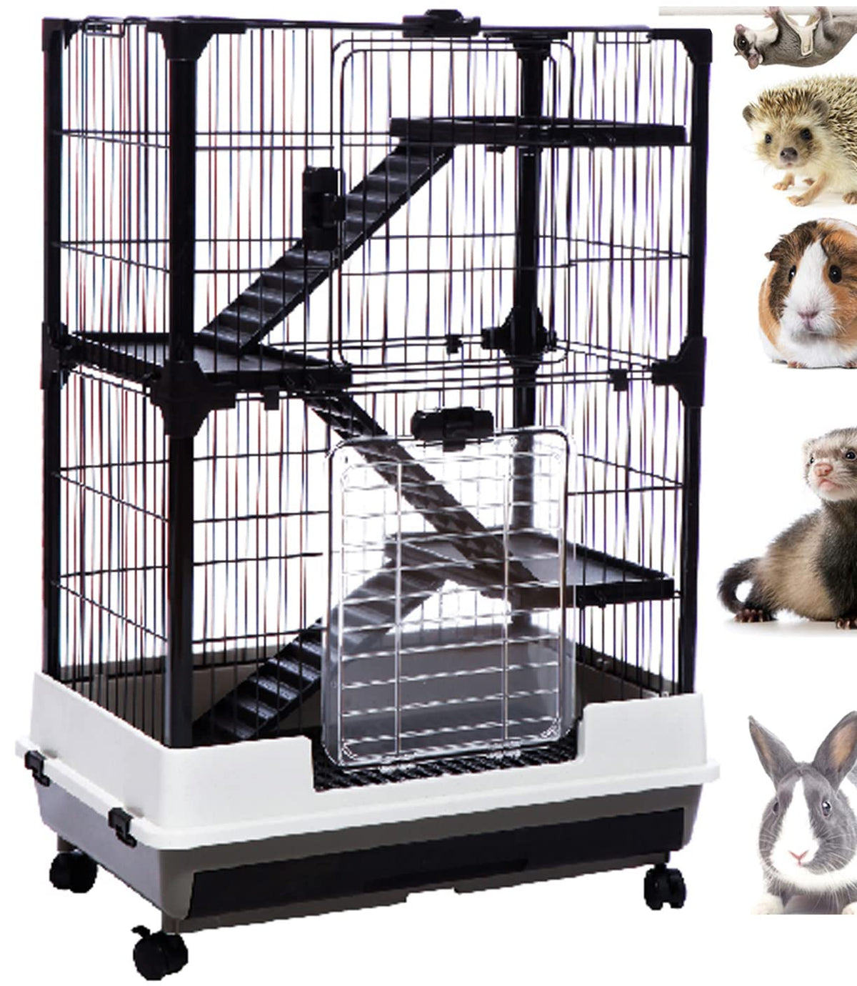 Large 4-Level Indoor Small Animal Pet Cage For Guinea Pig Ferret Chinchilla Cat Playpen Rabbit Hutch With Solid Platform & Ramp, Leakproof Litter Tray, 2 Large Access Doors Lockable Casters