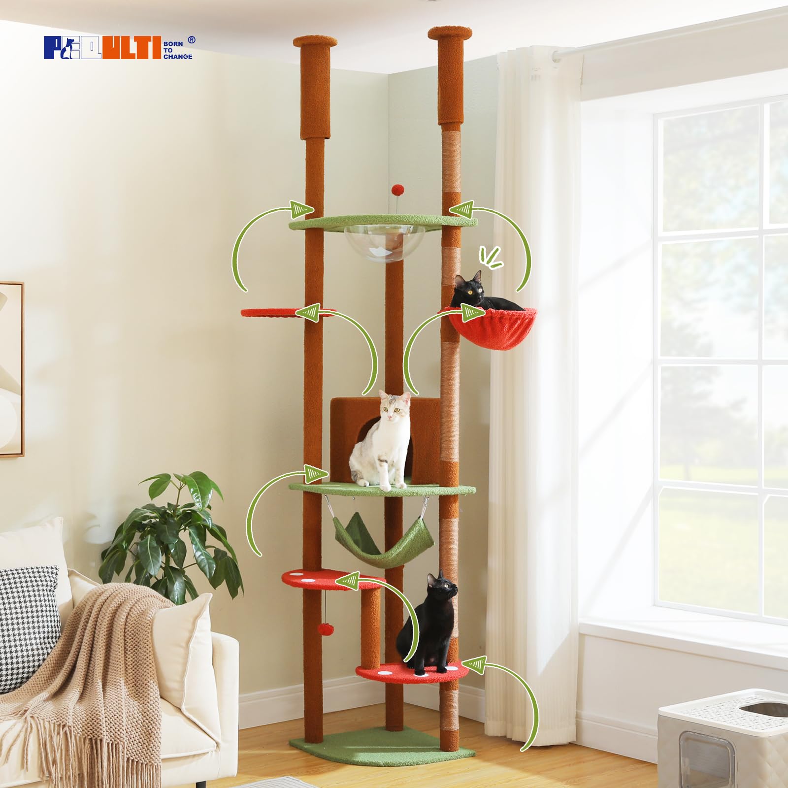 Pequlti Floor To Ceiling Cat Tree 92.9-101.6 Height Adjustable Mushroom Cat Tower Tall Climbing Play House With Scratching Posts