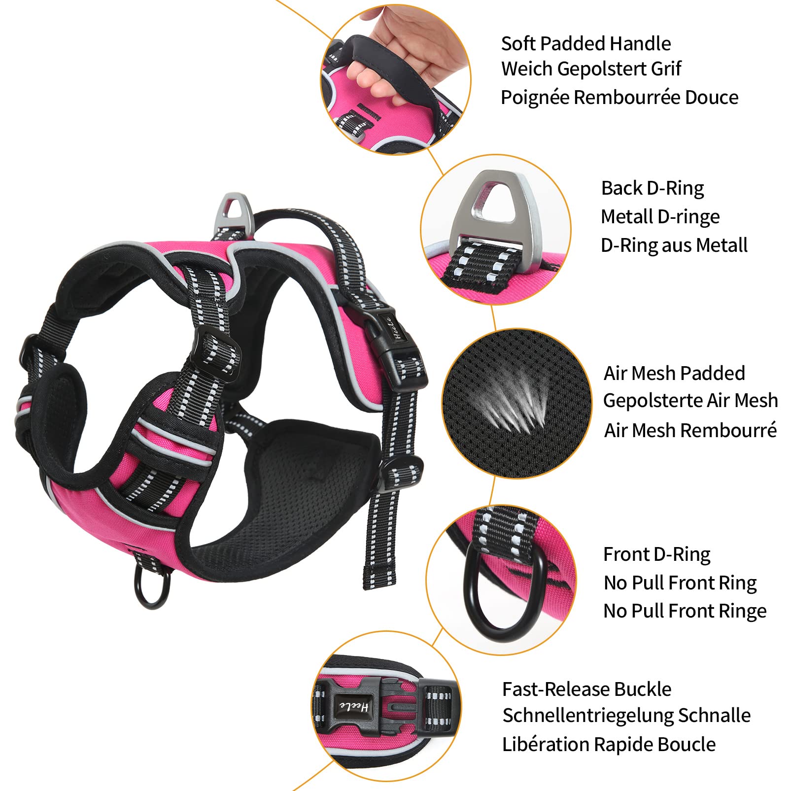 Heele Dog Harness Dog Harness Small Dog No Pull Harness With Soft Handle Reflective Harness Adjustable, Rose, S
