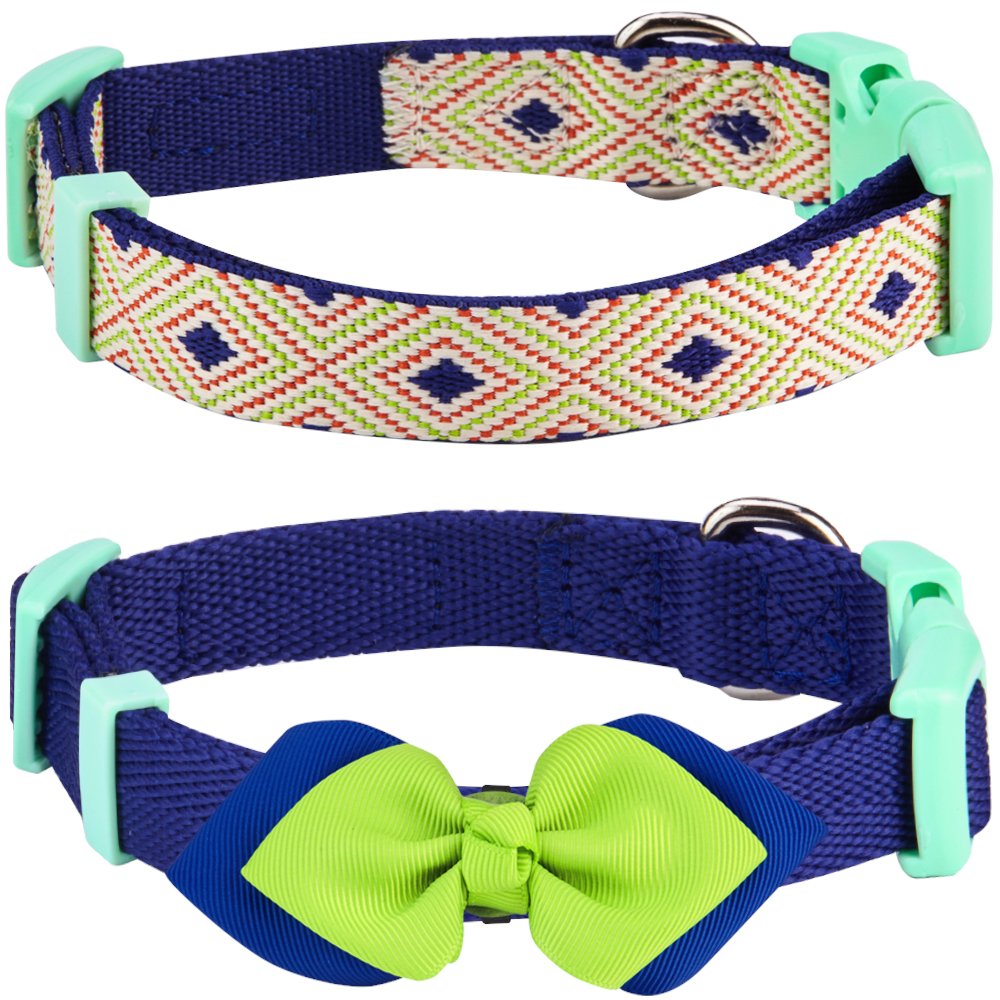 Blueberry Pet Pack Of 2 Multiple Patterns Mix And Match Stunning Diamonds Adjustable Dog Collar With Detachable Green Bow Tie, Small, Neck 12'-16'