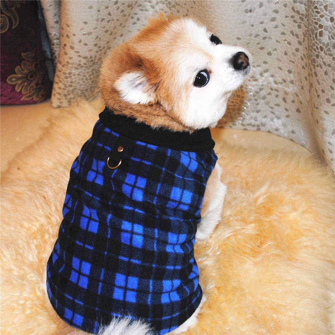 Pixriy Dog Sweater, Soft Fleece Vest With Leash Ring Pullover Jacket Winter Pet Dog Clothes For Puppy Small Dogs Cats Teddy Chihuahua Yorkshire For Christmas (L, Blue Plaid)