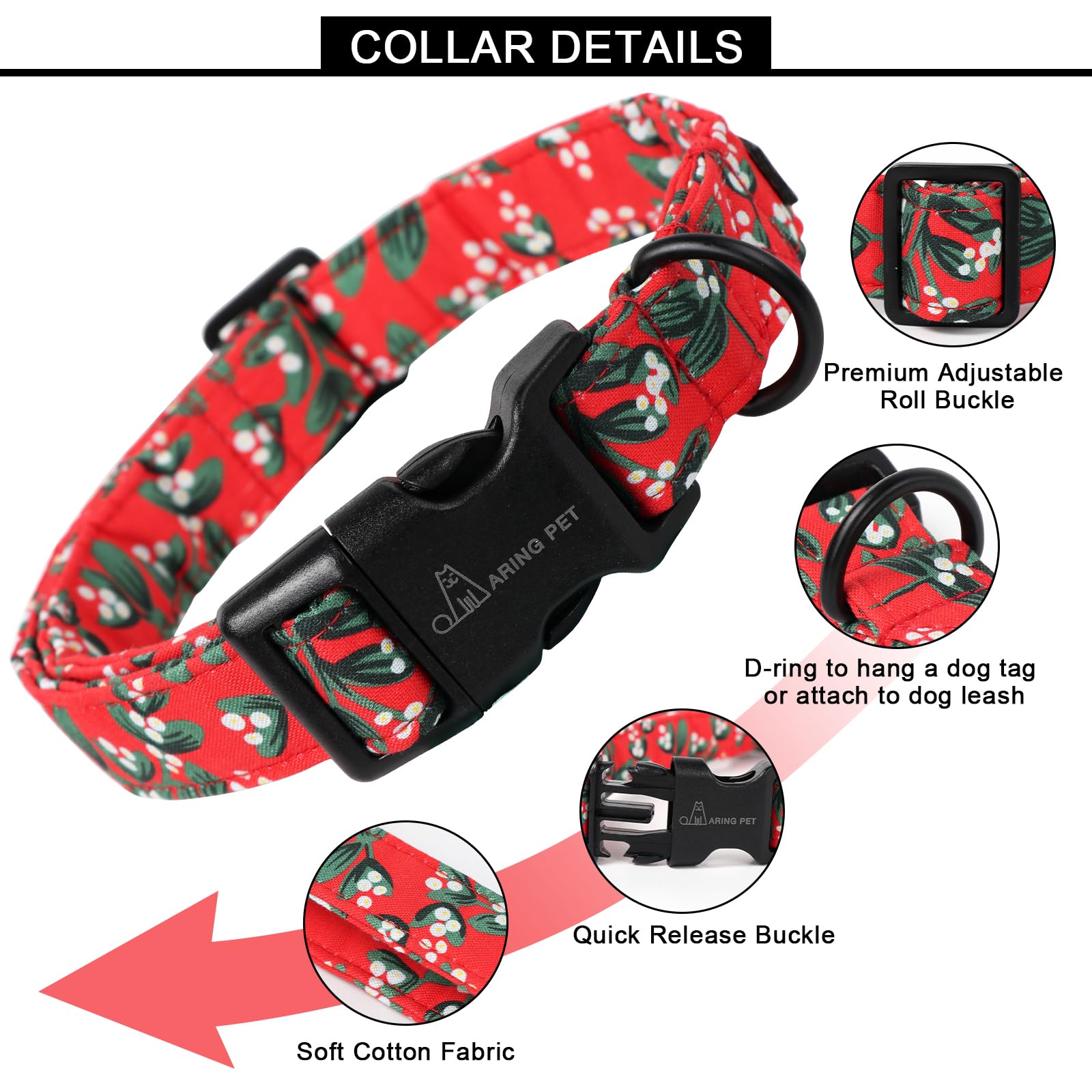 Aring Pet Christmas Dog Collar Cute Red Dog Collar, Adjustable Cotton Christmas Small Dog Collars Puppy Collar For Small Medium Large Dogs