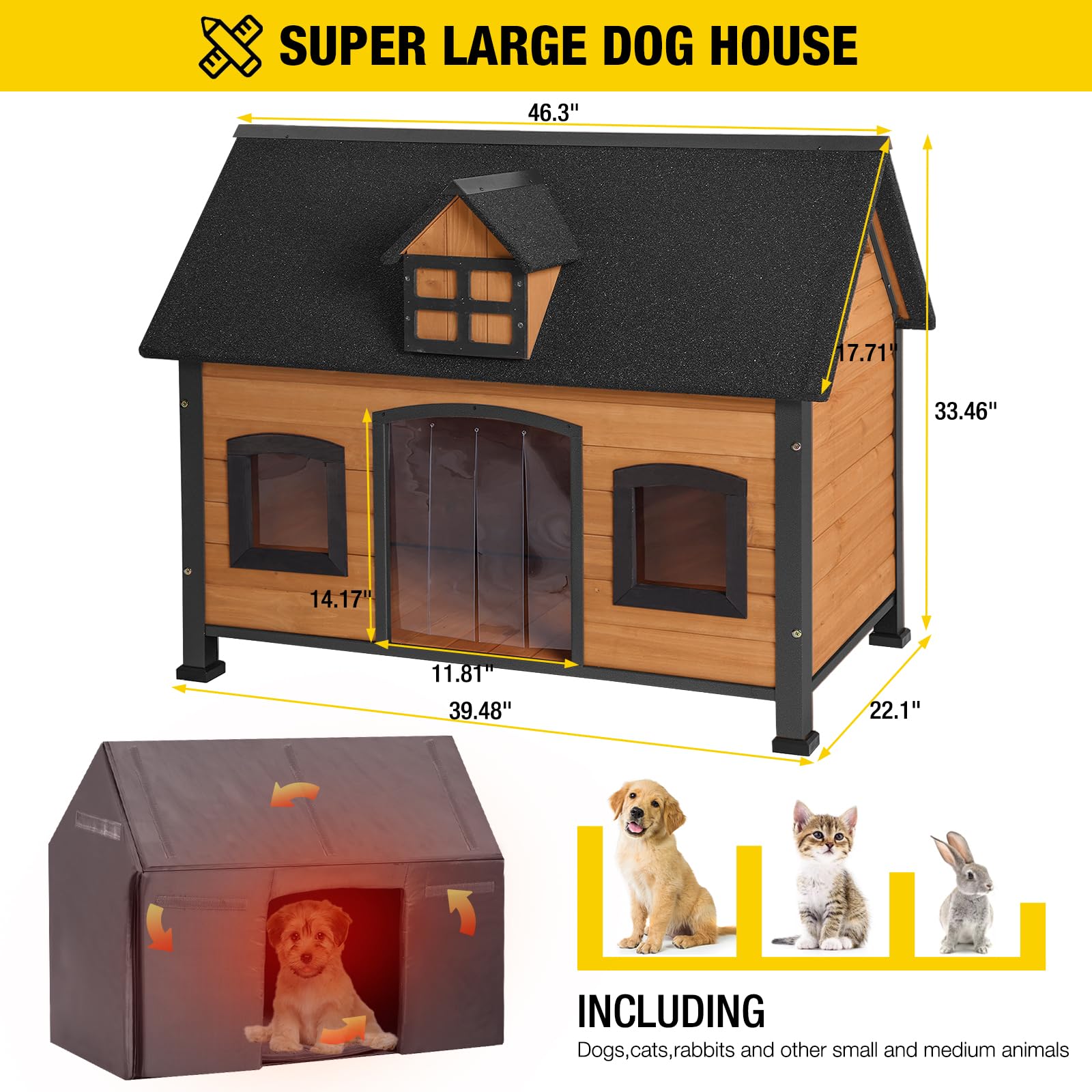 Aivituvin Dog House With Insulated Liner Anti-Chewing Metal Frame Design Insulated Wooden Dog Kennel With Unique Design Roof, We